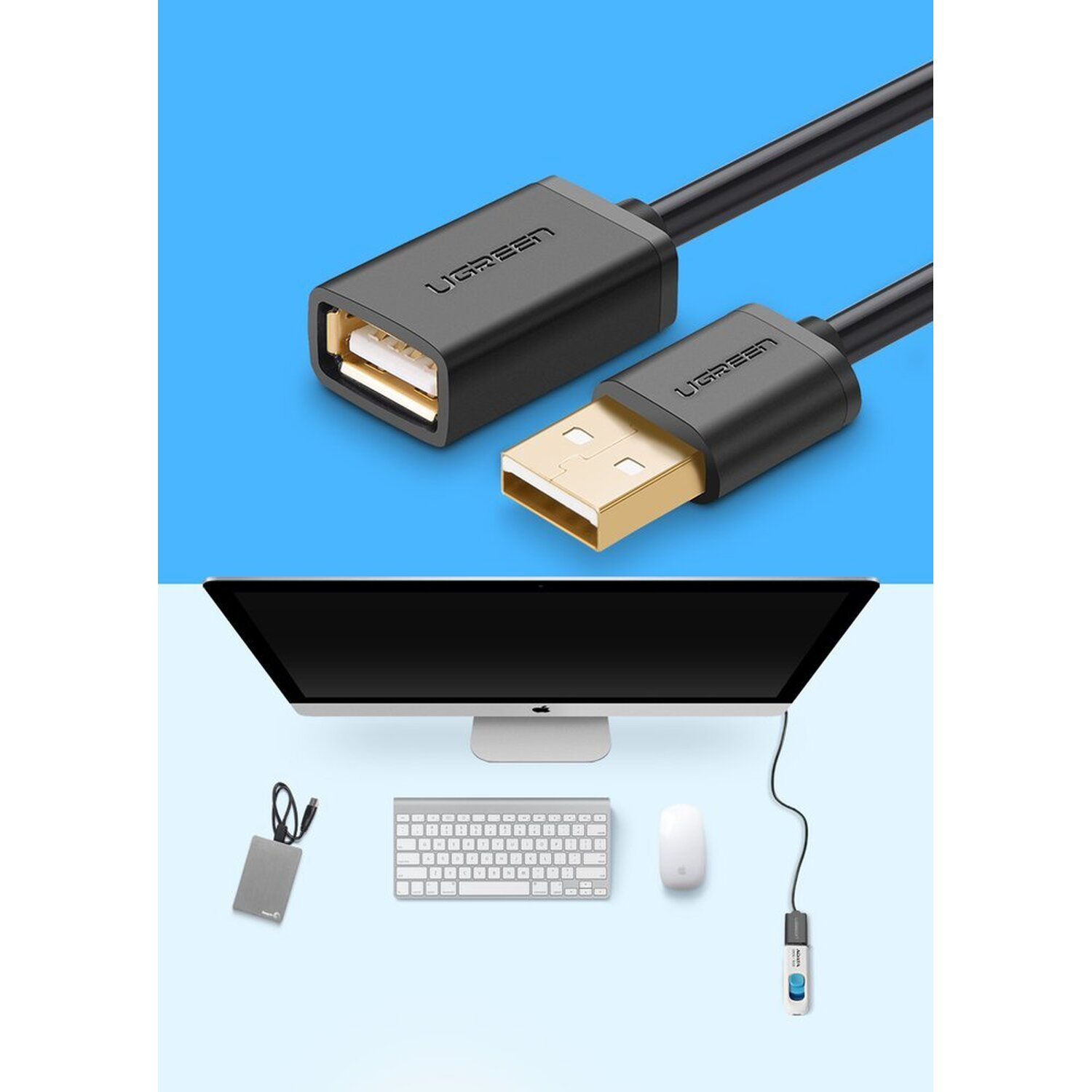 Een USB-kabel. Een zwarte USB-connector en een zilveren connector aangesloten op een computermonitor.