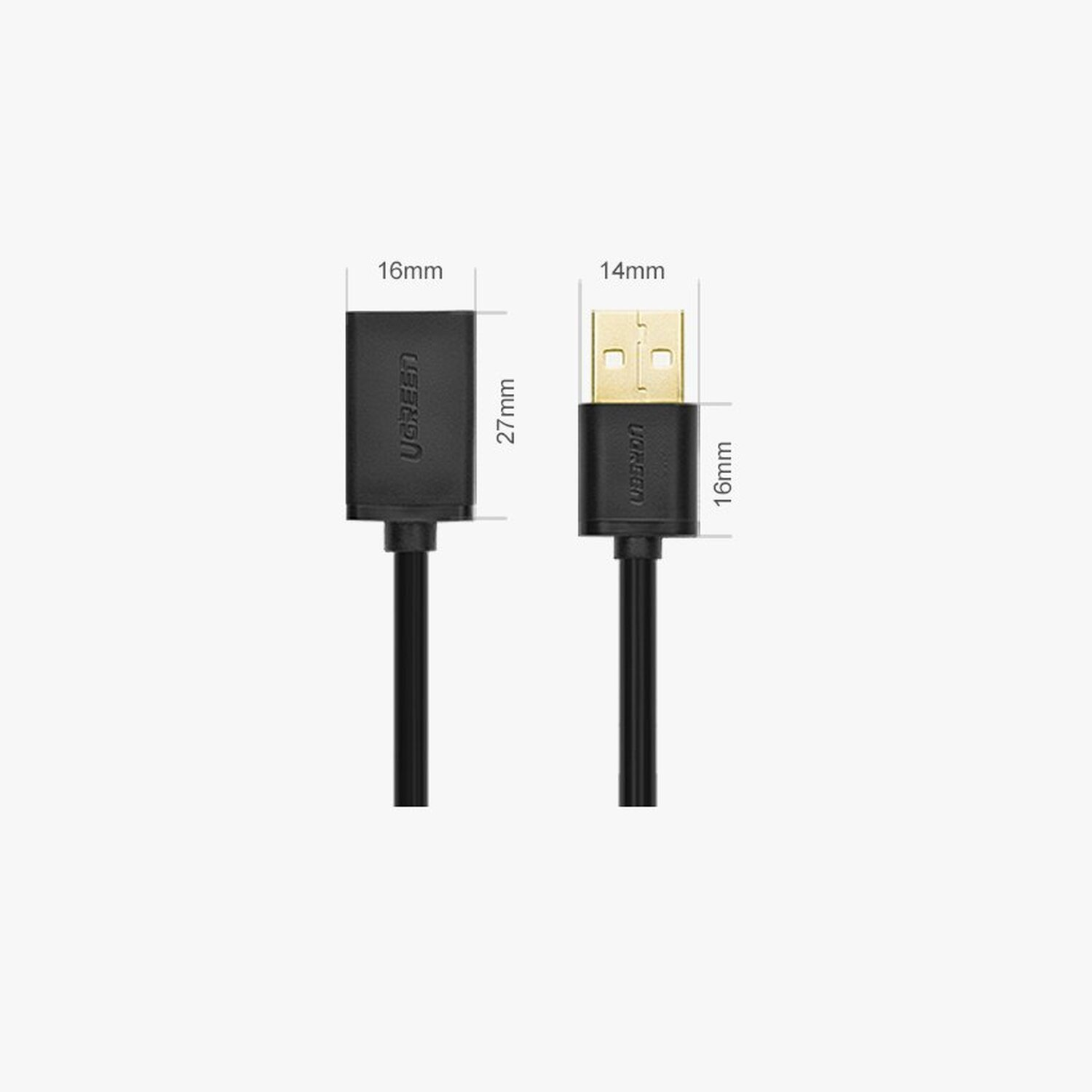 Twee zwarte USB-adapters met afmetingen en tekst. Witte achtergrond. Merk UGREEN.