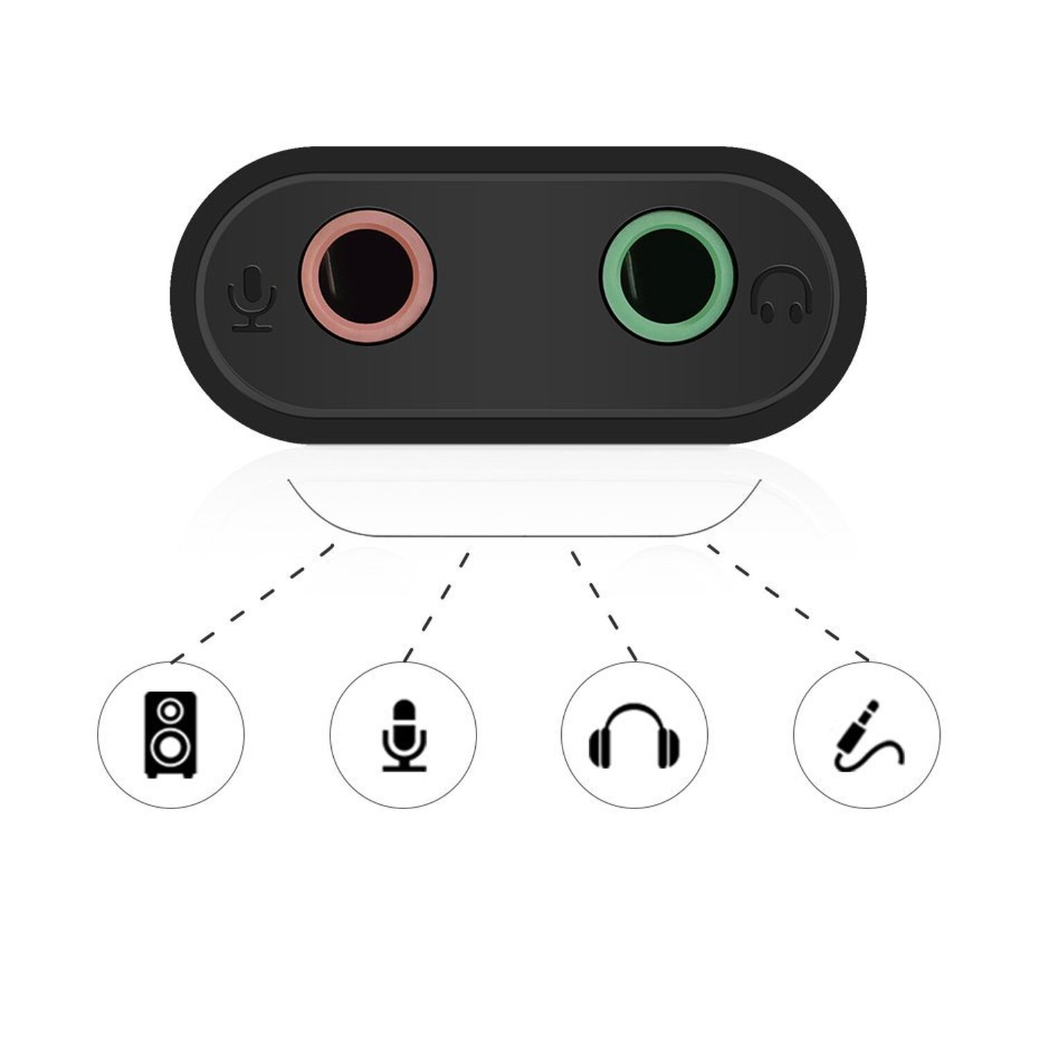 Czarny rozdzielacz audio z dwoma portami i ikonami. Białe tło.