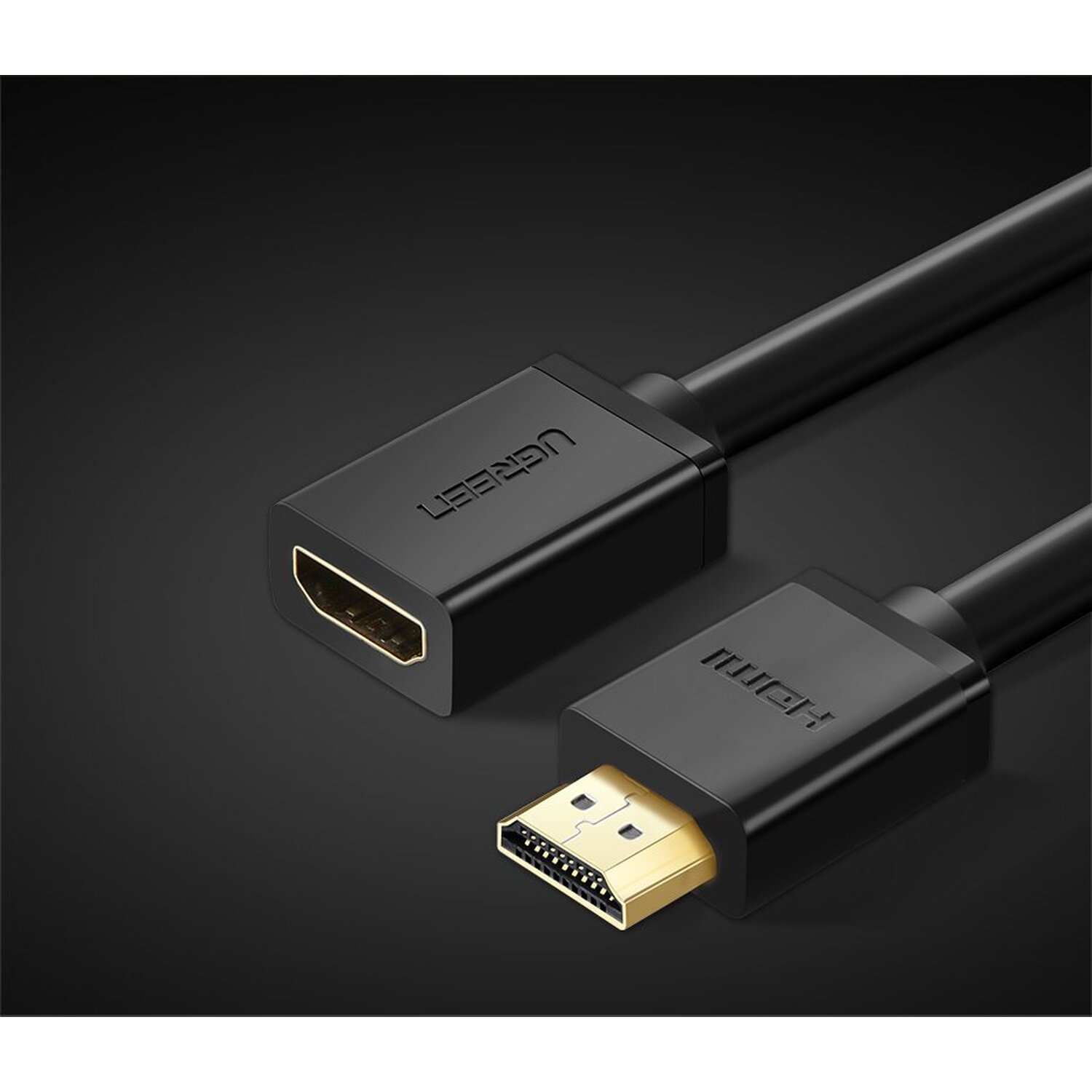 Black HDMI cable with connectors. The connectors are labeled 'UGREEN' and 'HDMI'.