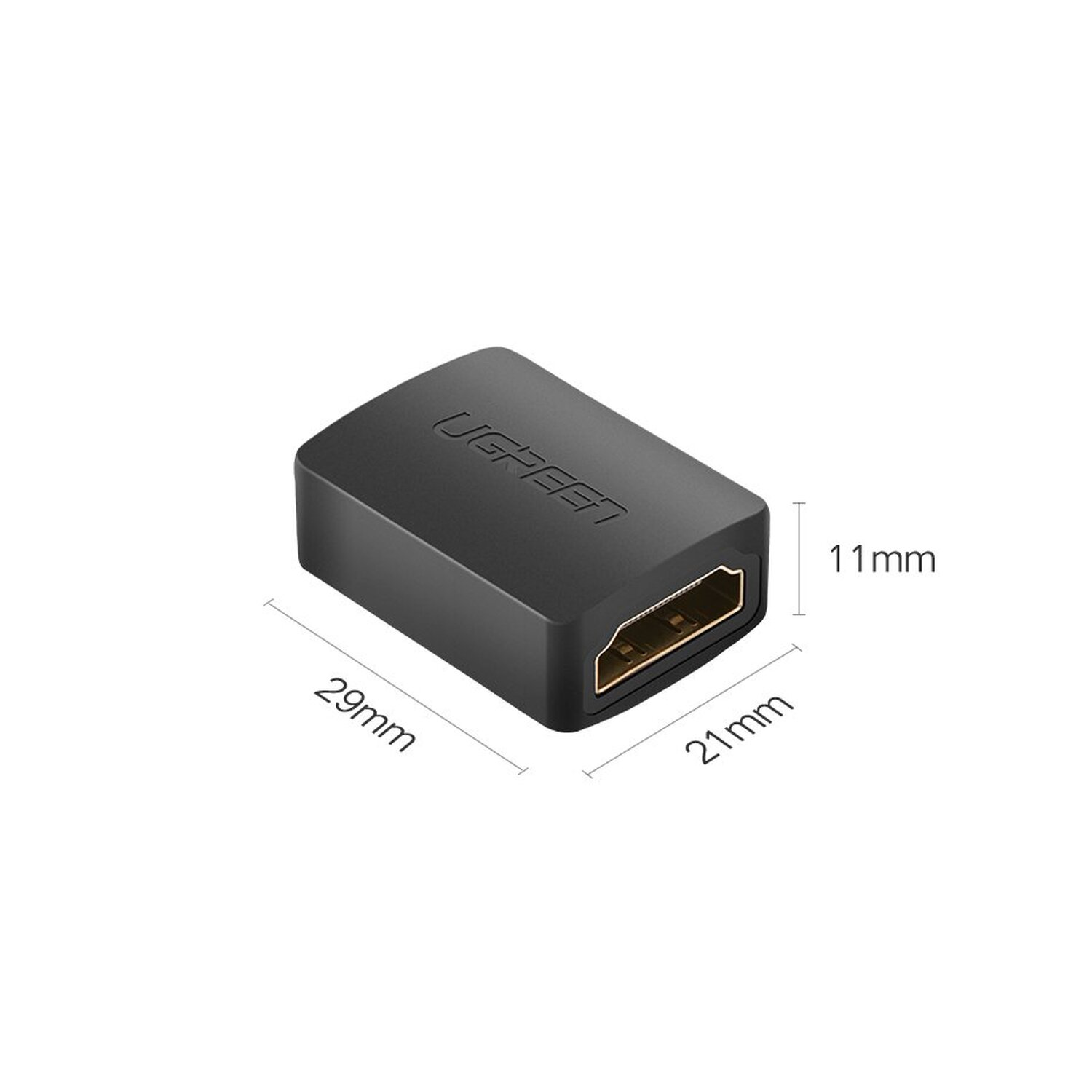 Czarny adapter HDMI. Wymiary: 29 mm x 21 mm x 11 mm. Białe tło.