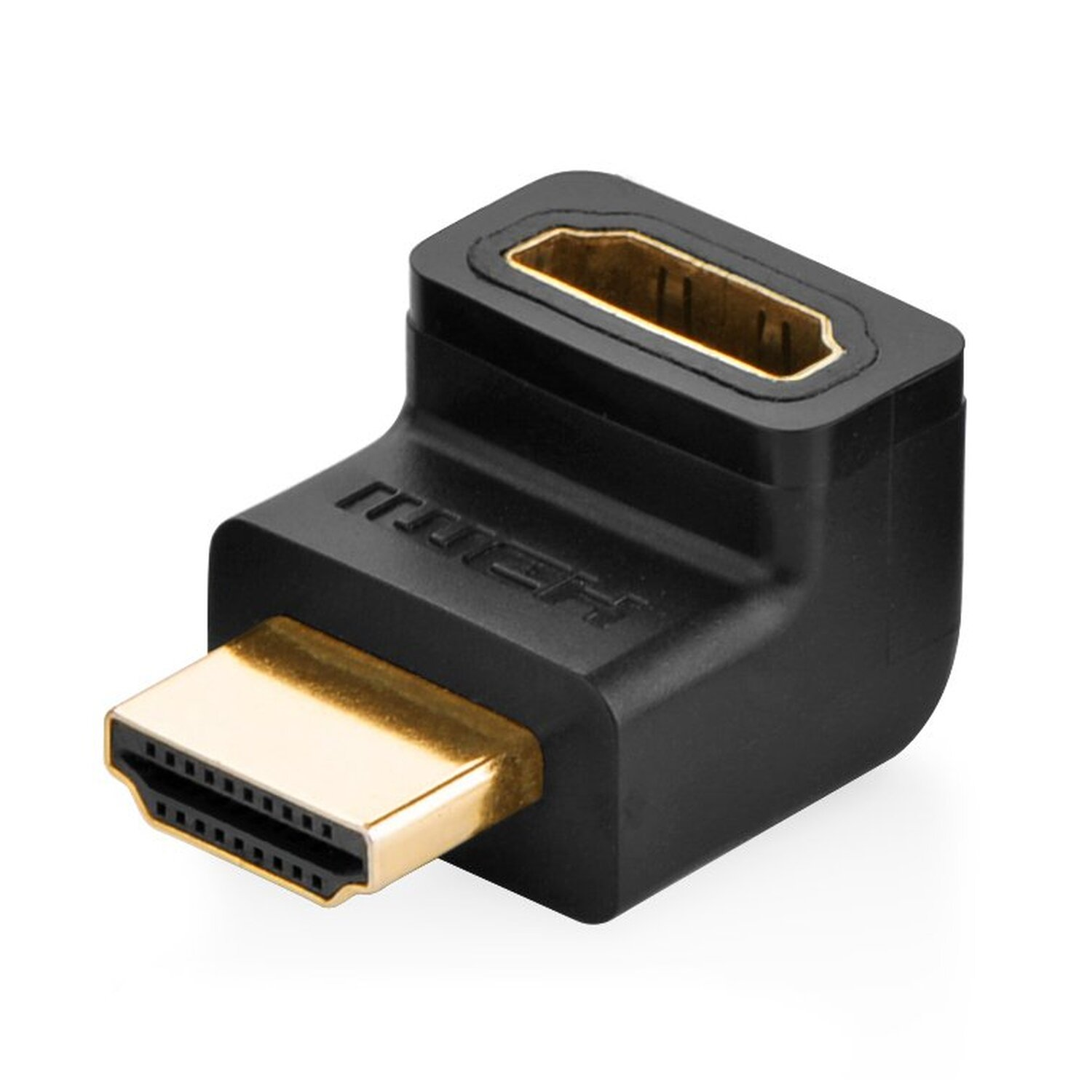 Ein schwarzer HDMI-Adapter mit goldfarbenem HDMI-Anschluss, vor weißem Hintergrund.