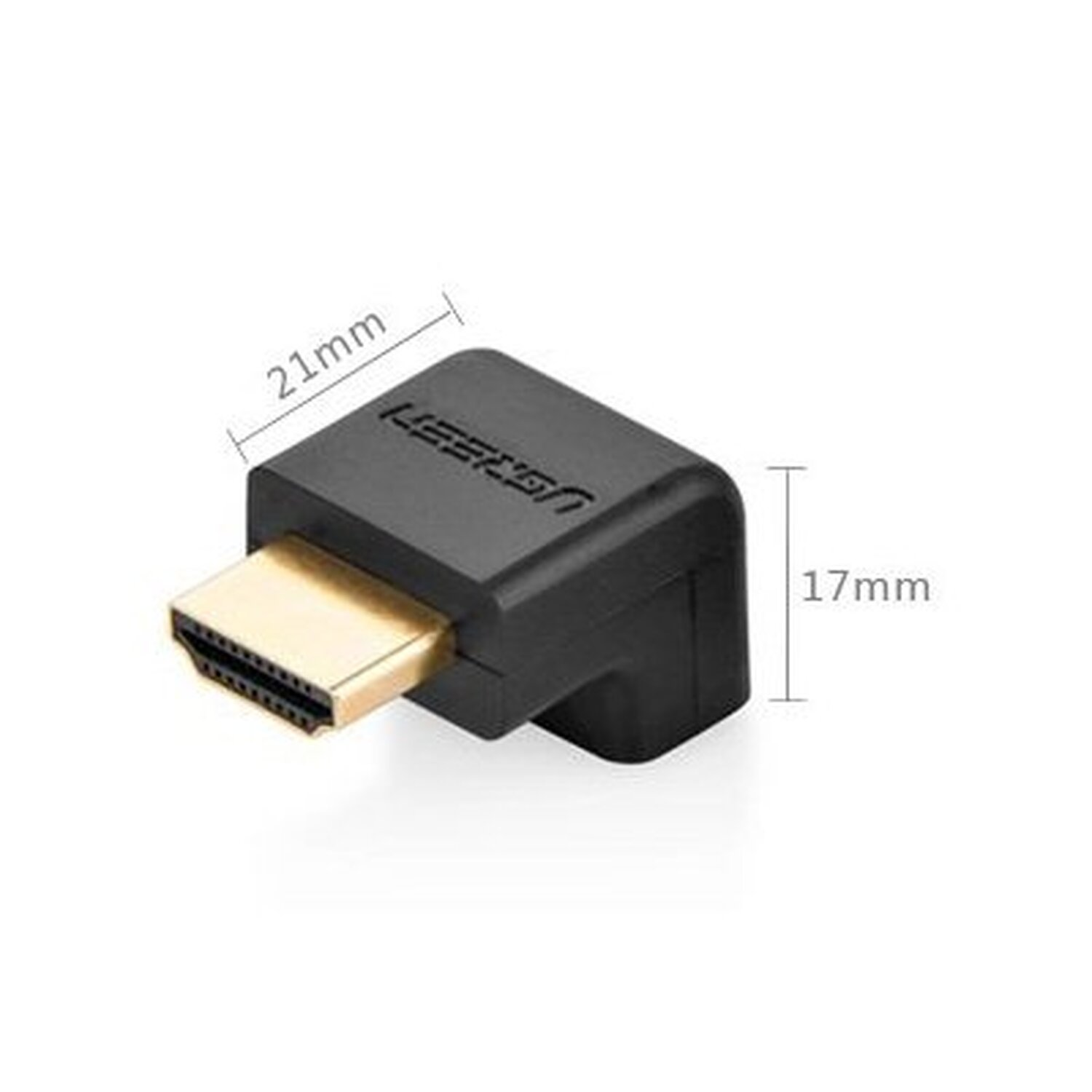 Schwarzer HDMI-Adapter. Ein 90-Grad-Winkelstecker mit den Maßen: 21 mm x 17 mm.