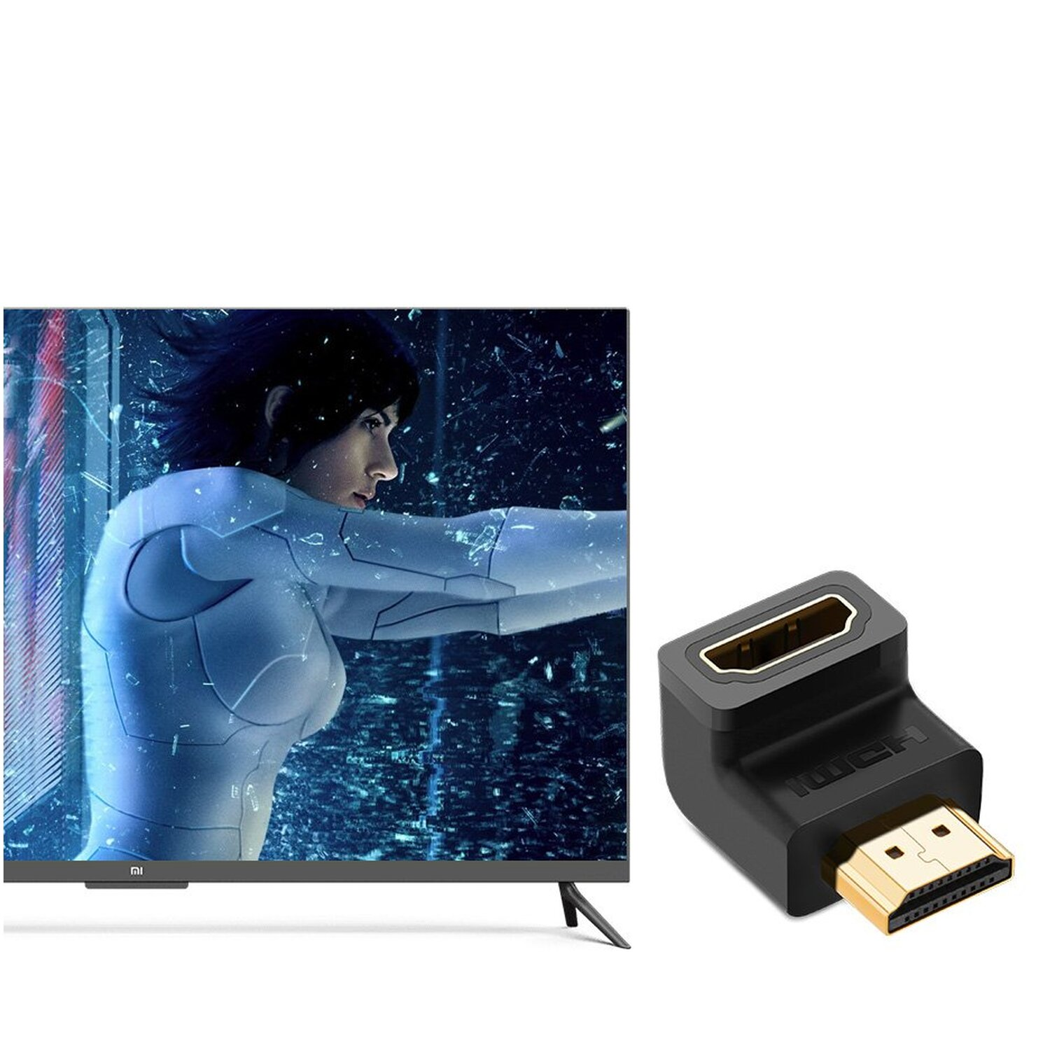 Ekran telewizora pokazujący obraz, obok czarnego adaptera HDMI na białym tle.