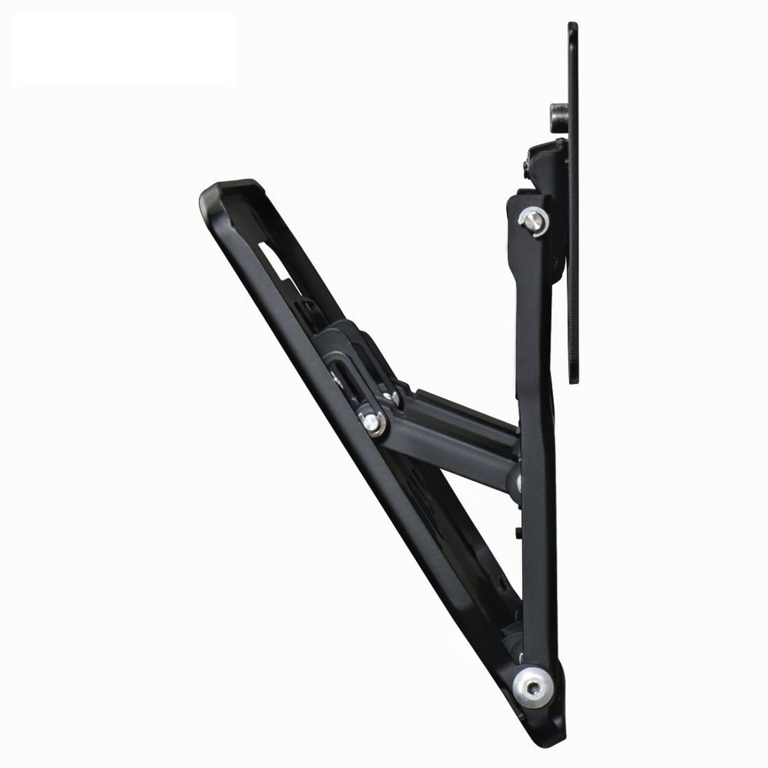 Eine schwarze TV-Wandhalterung, seitlich abgewinkelt, zeigt ihre Struktur und Montageteile.