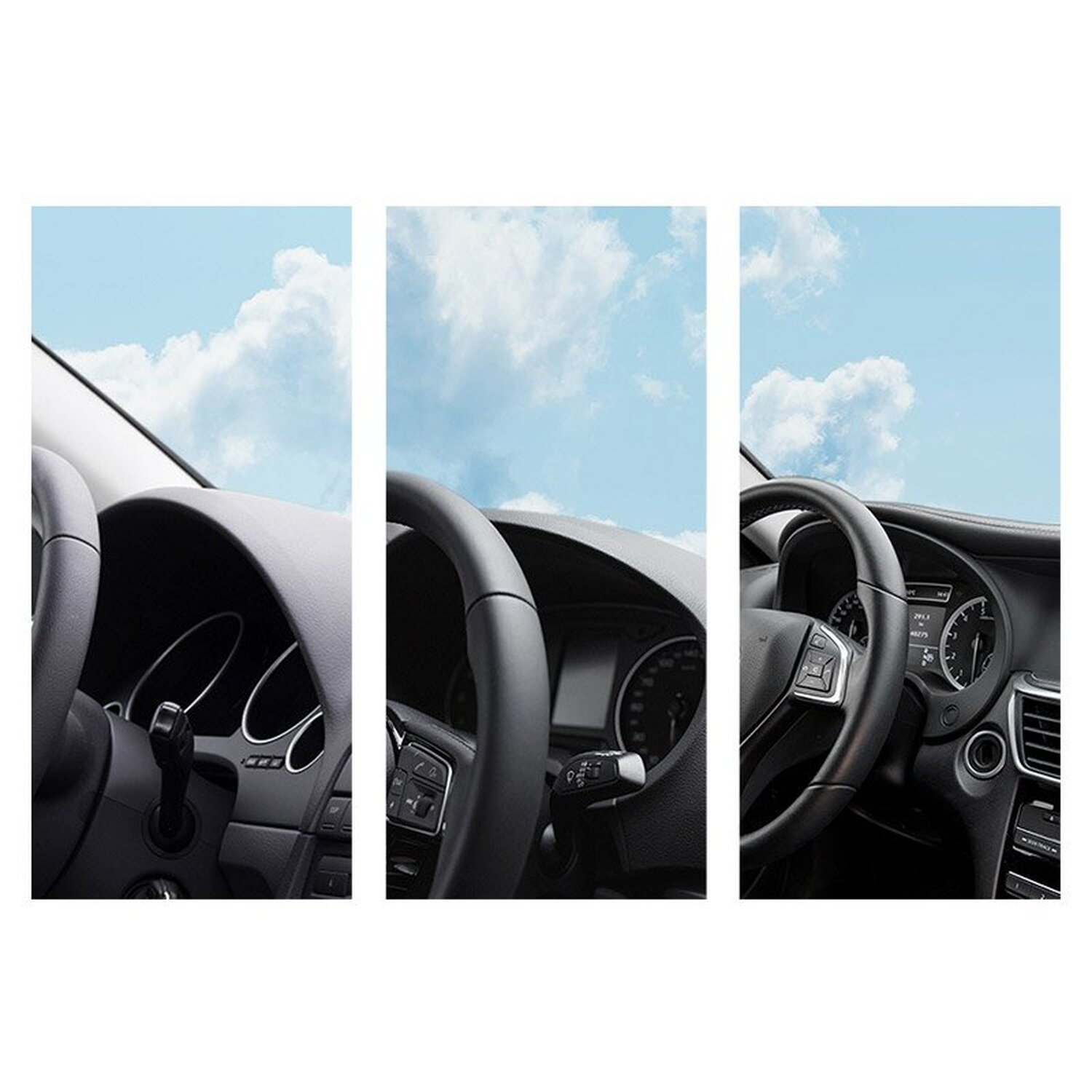 Trzy panele przedstawiające wnętrza samochodów z kierownicami i błękitnym niebem.