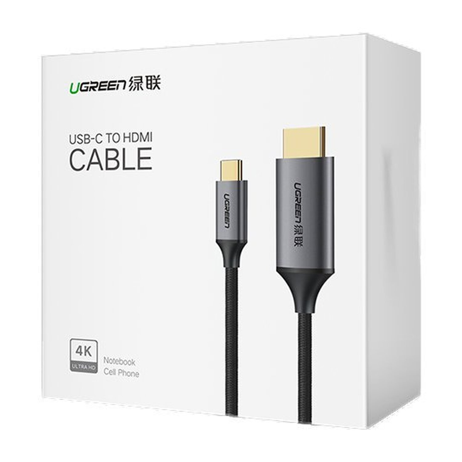 Białe pudełko z grafiką kabla UGREEN, kablem USB-C do HDMI i etykietą 4K.