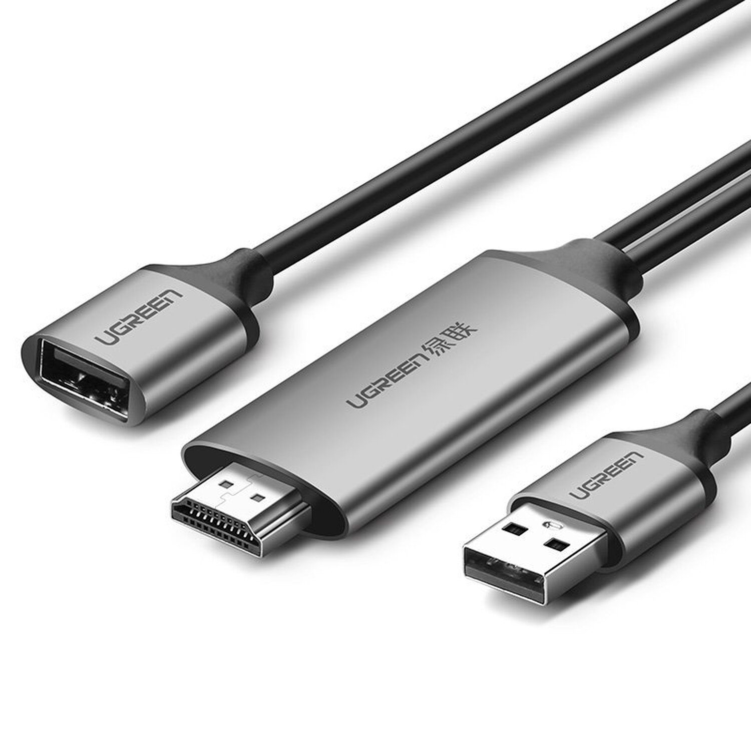 Ein Satz von drei UGREEN-Kabeln: USB-A, HDMI und USB-C. Sie sind silbergrau und schwarz.
