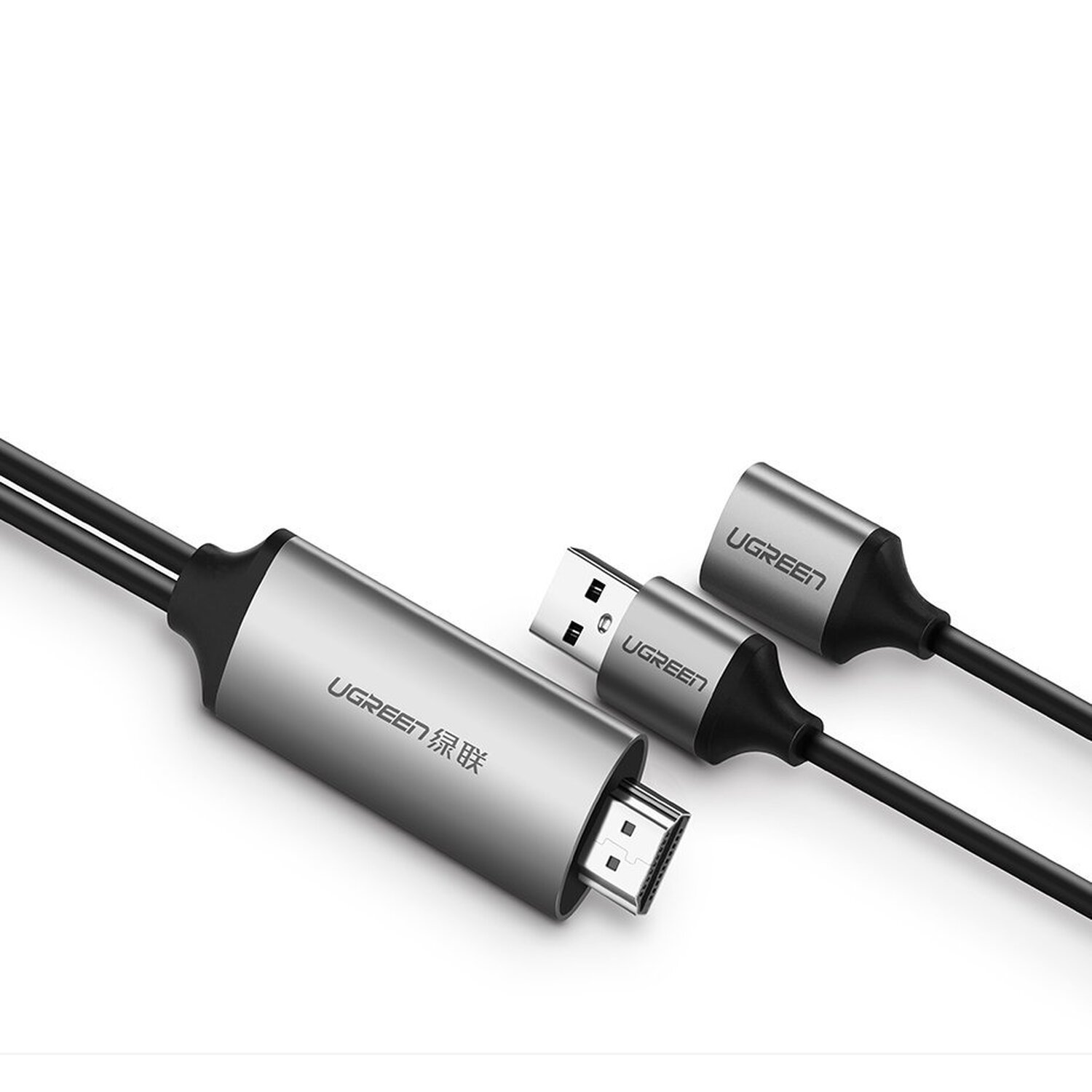 Schwarze und silberne UGREEN-Kabel mit USB- und HDMI-Anschlüssen auf weißem Hintergrund.