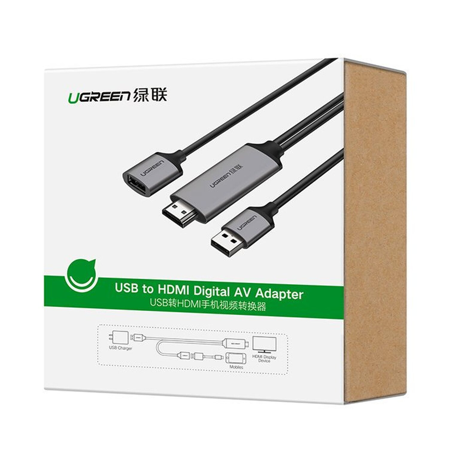 Box mit UGREEN-Text. Enthält USB-zu-HDMI Digital AV Adapter.