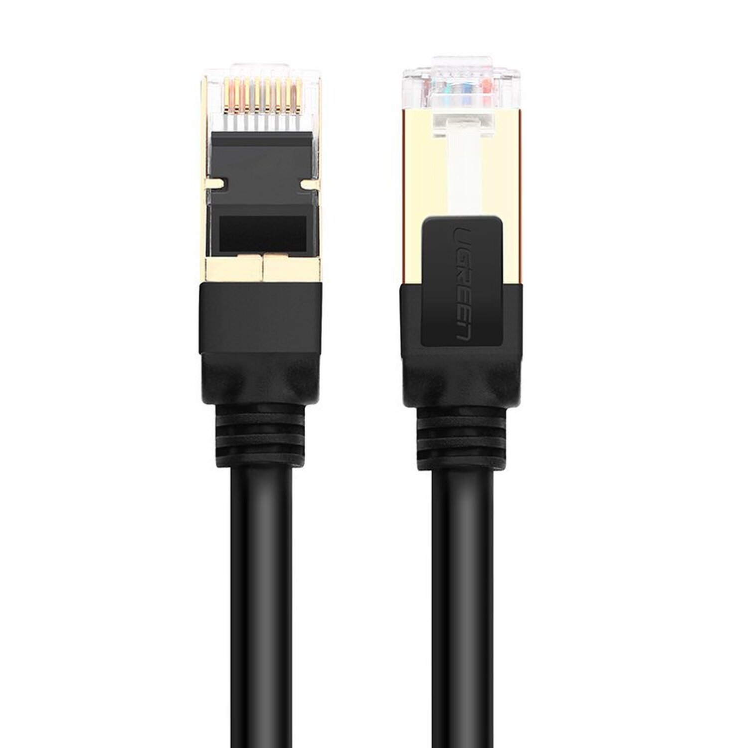 Dwa czarne kable ethernet UGREEN, obok siebie, z widocznymi złączami.