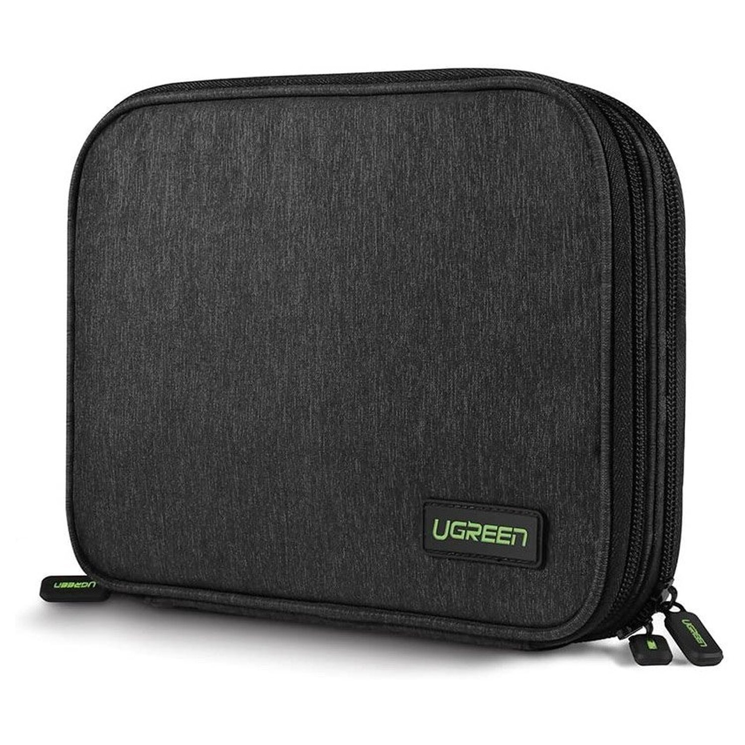 Schwarze UGREEN-Tasche mit Reißverschluss, Logo und grünen Details.