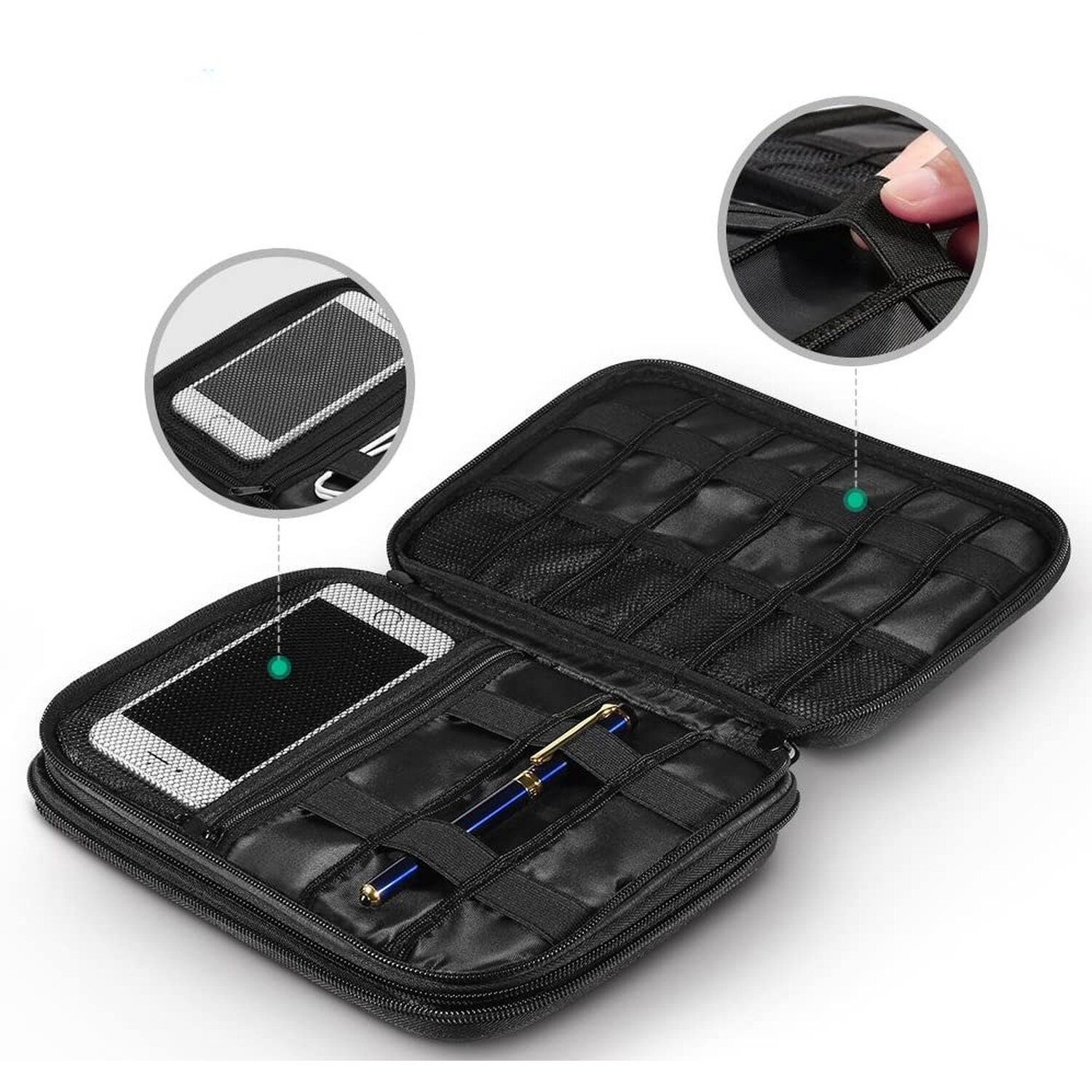 Offene schwarze Reisetasche mit Fächern für Telefon, Stift und andere kleine Gegenstände.