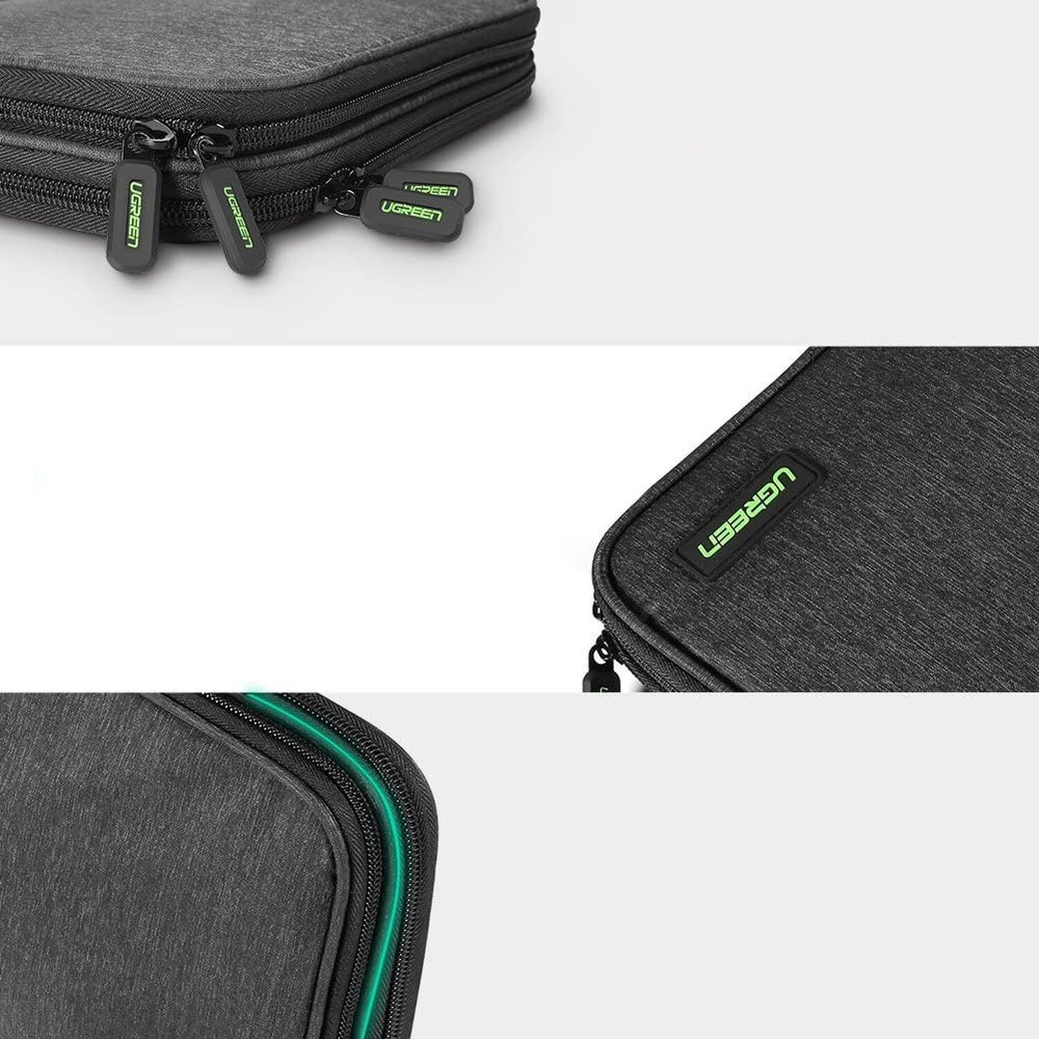 Schwarze UGREEN Reisetasche mit Reißverschlüssen. Drei Ansichten zeigen Details.