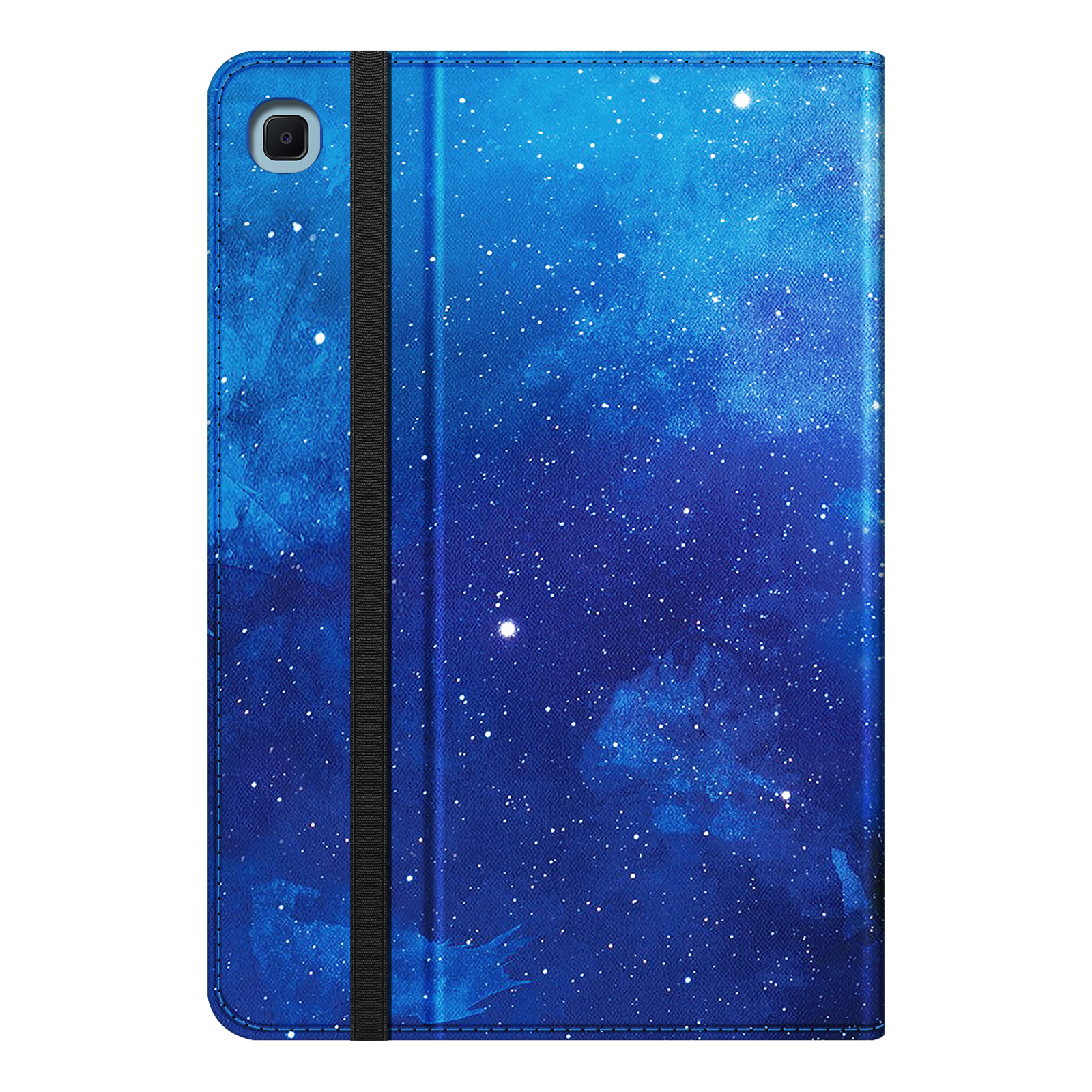 Tablet-Hülle mit Galaxiemuster. Schwarzes Gummiband. Blauer Hintergrund.