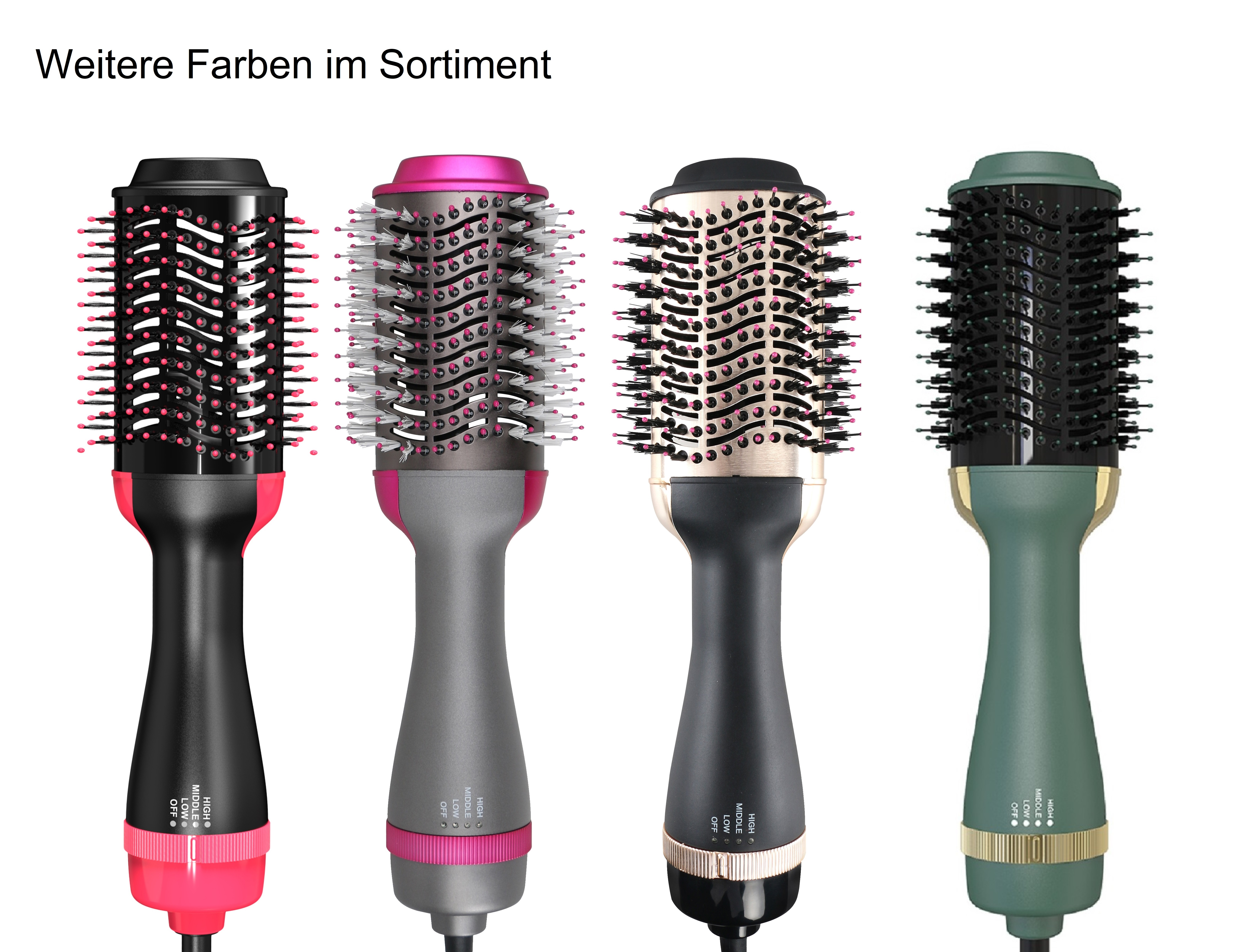 Vier Haarstyling-Bürsten in einer Reihe, jede mit verschiedenen Farbakzenten.