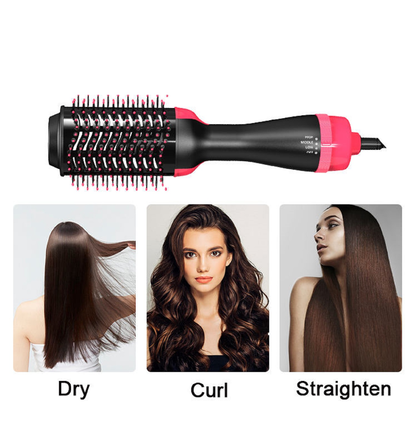 Haartrocknerbürste mit drei Haar-Beispielen: Trocken, Locken und Glätten.