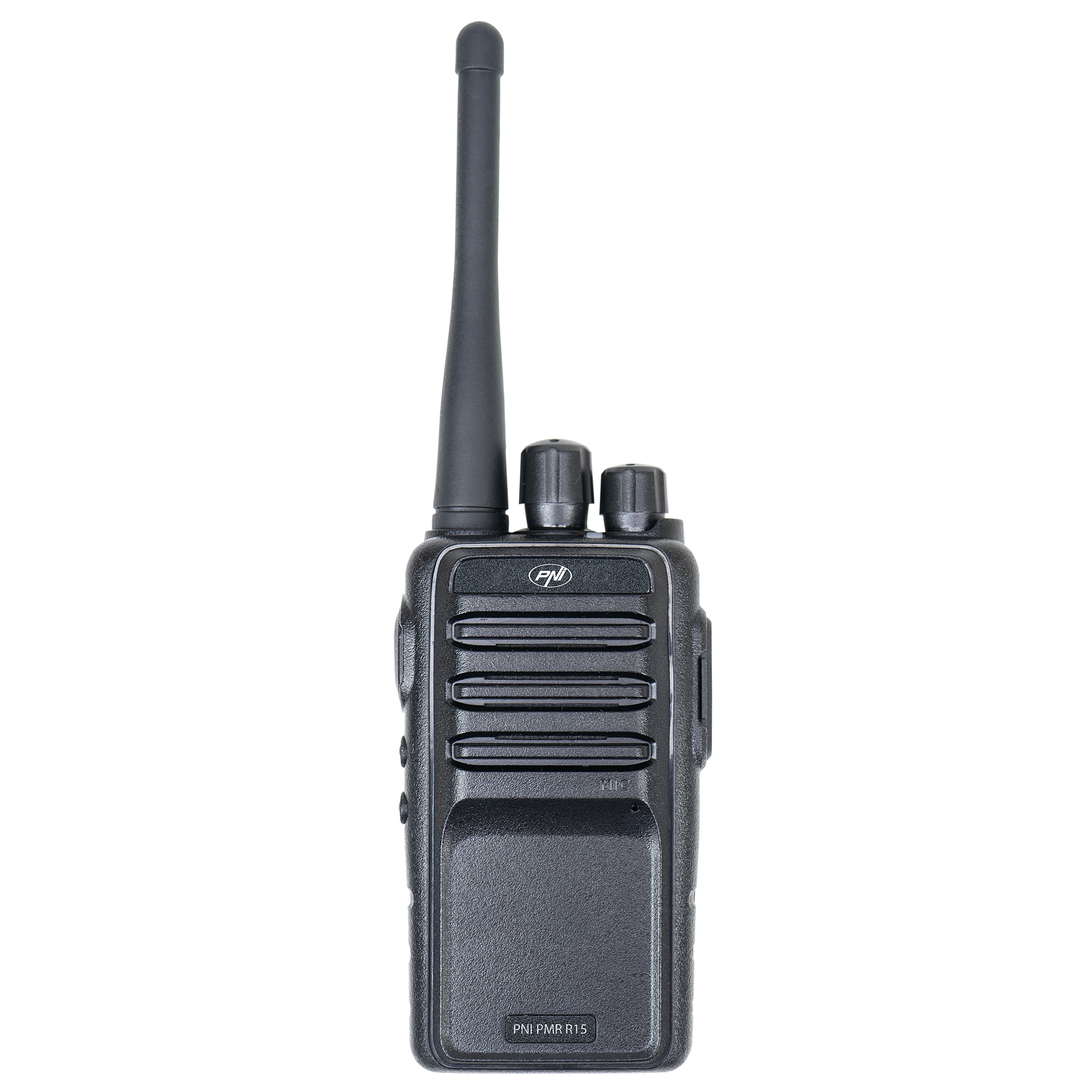 Ein schwarzes Funkgerät mit langer Antenne. Es hat Knöpfe und einen Lautsprecher.