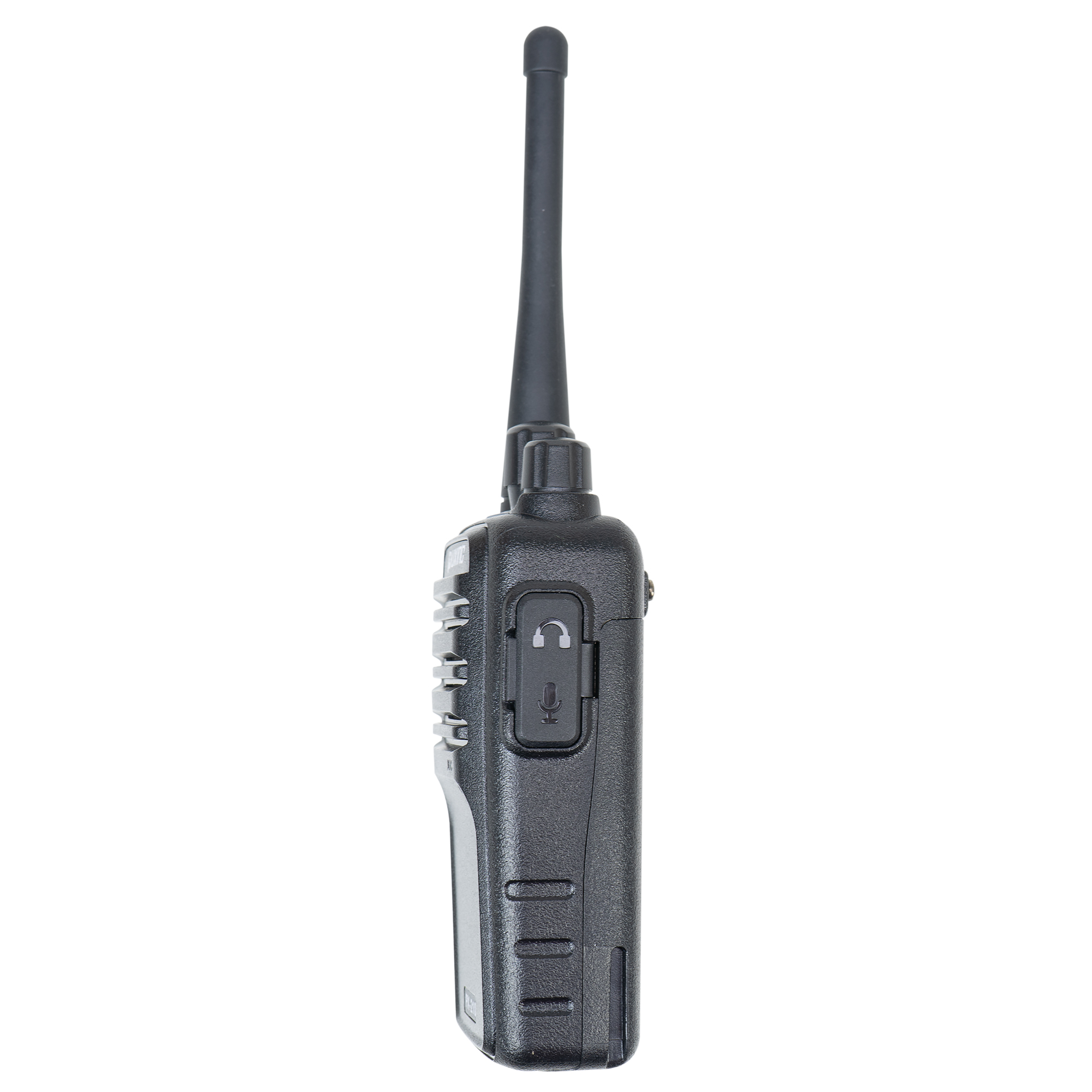 Schwarzes Walkie-Talkie, Seitenansicht, mit Antenne, Knöpfen und Lautsprecher.