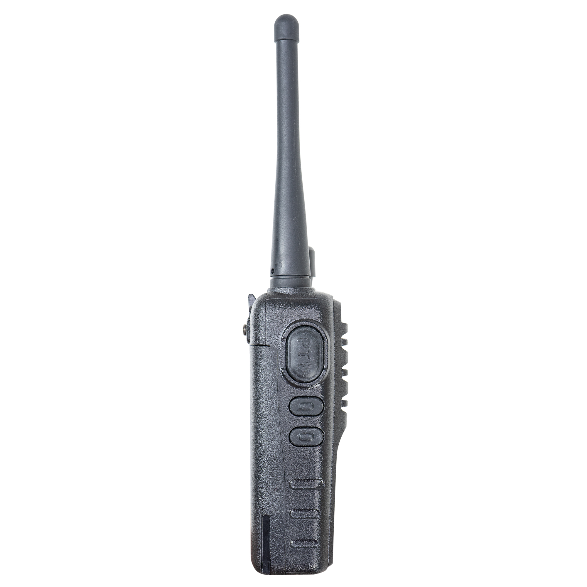 Schwarzes Walkie-Talkie auf weißem Grund. Es hat eine Antenne und Knöpfe.