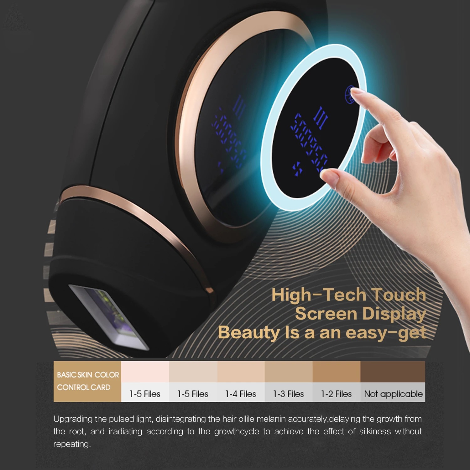 Czarny i złoty przyrząd kosmetyczny z ekranem dotykowym. Dłoń dotyka ekranu. Tekst poniżej.