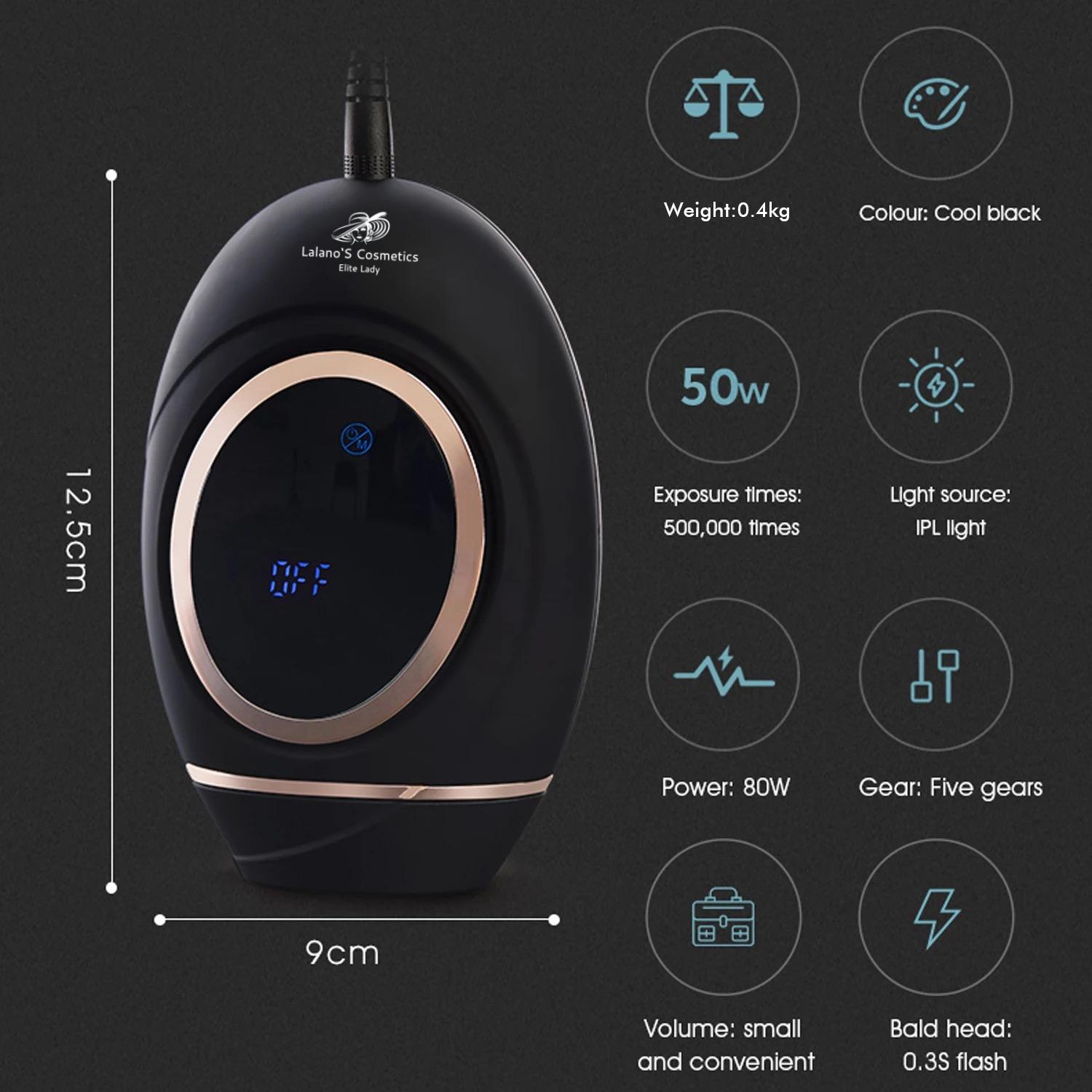 Czarne urządzenie do usuwania włosów IPL ze złotymi akcentami. Posiada wymiary, moc i funkcje.
