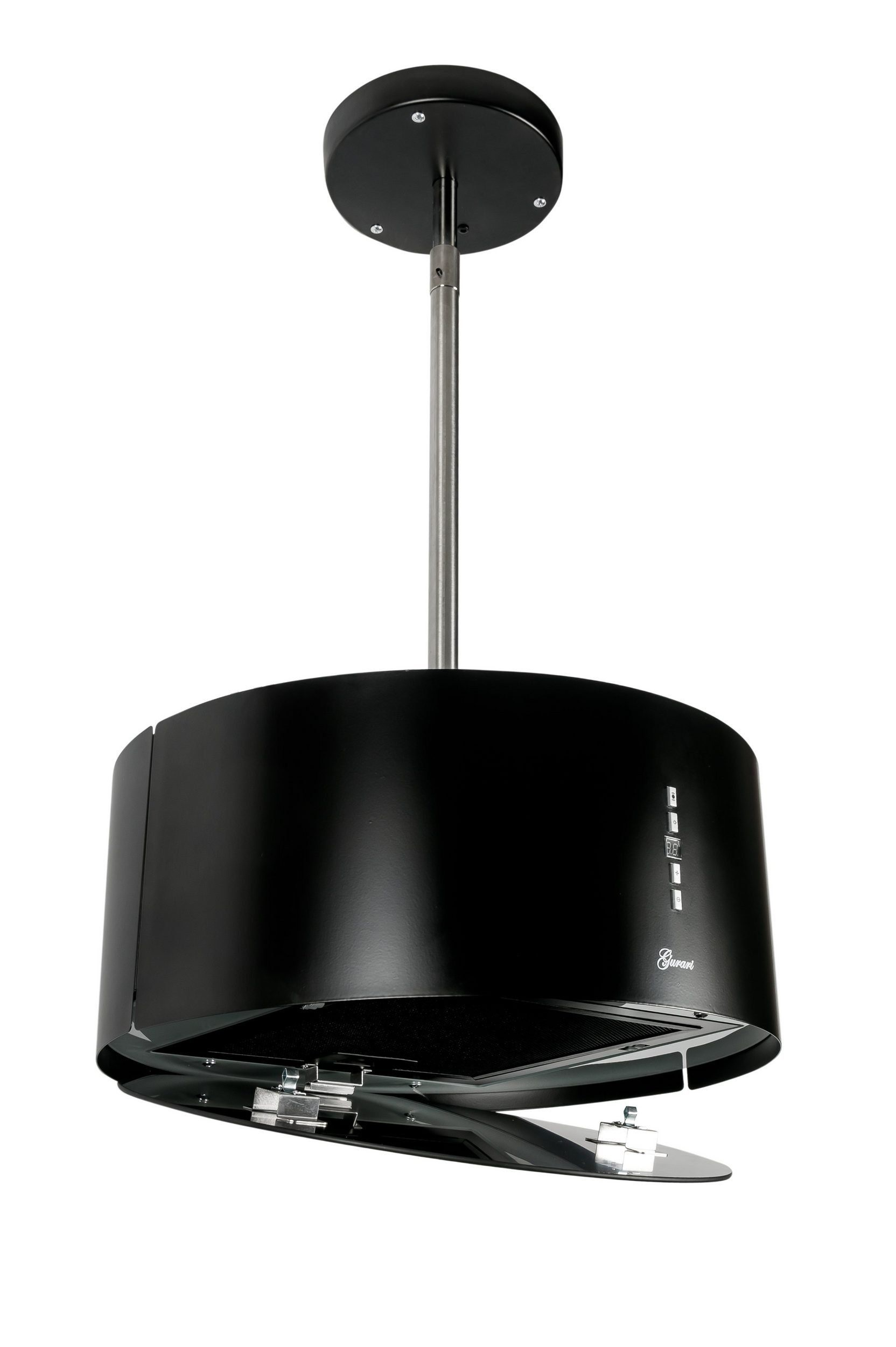 Schwarze, moderne Dunstabzugshaube, zylindrisches Design, mit zentraler Stützstange, freigestellt.