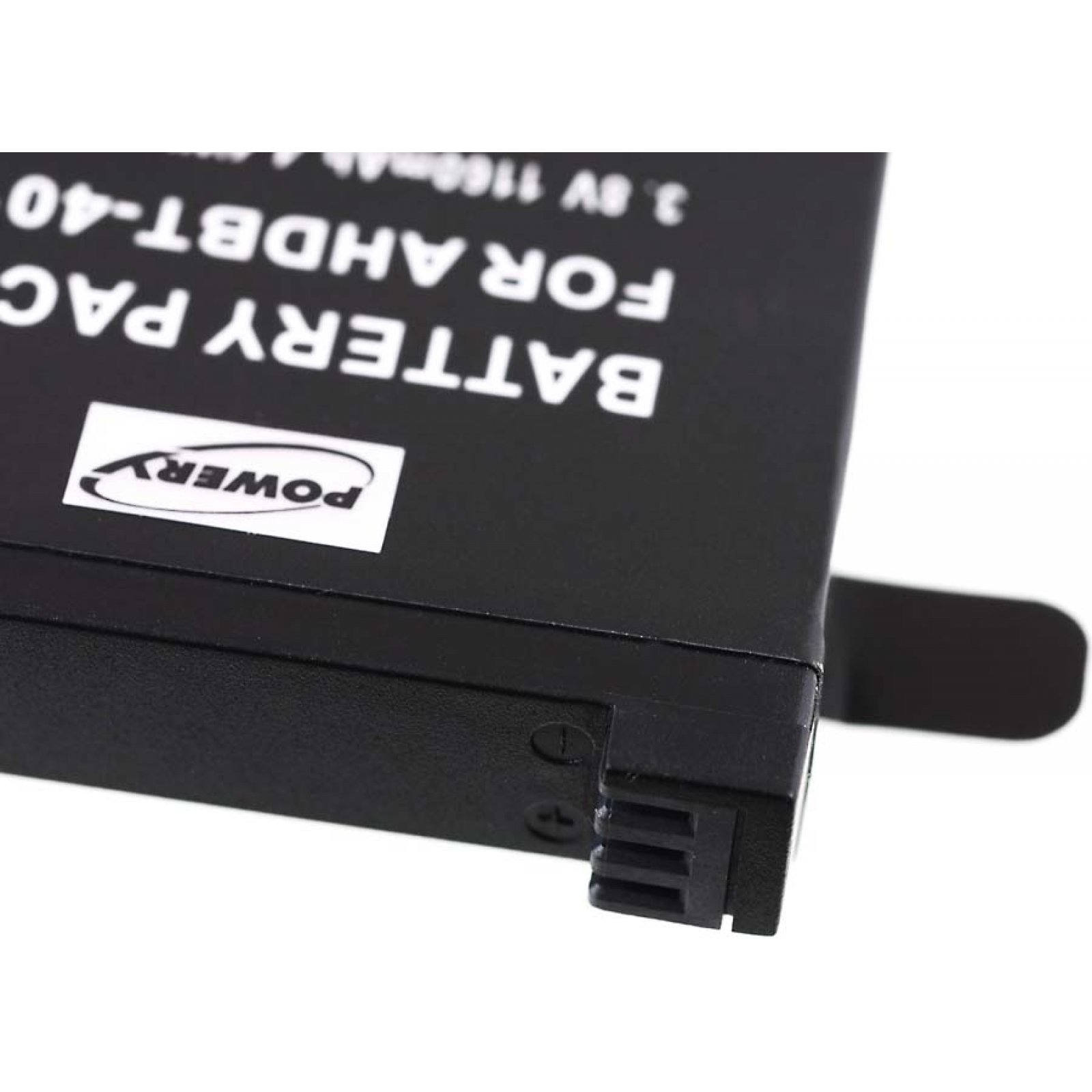 Un paquete de batería negro con texto blanco que dice 'BATTERY PACK FOR AHDBT-40' y el logo de Powerry.