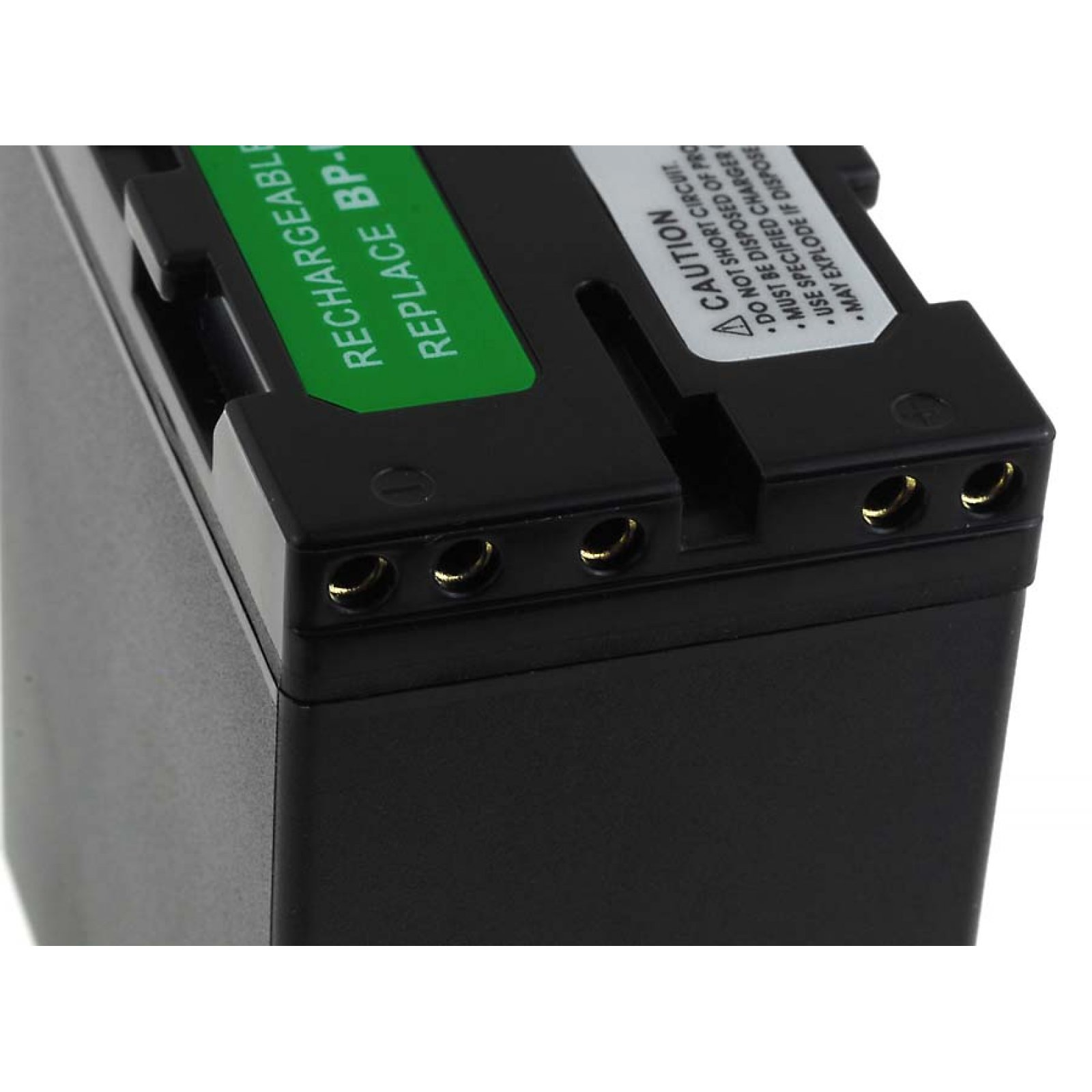 Batería recargable negra con etiqueta verde y aviso de precaución. Carcasa negra con 3 terminales visibles.