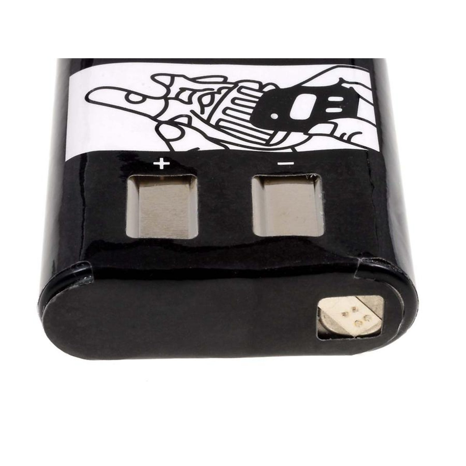 Extremo de batería negro con marcas positivas y negativas. Una pegatina blanca tiene un icono de mano.