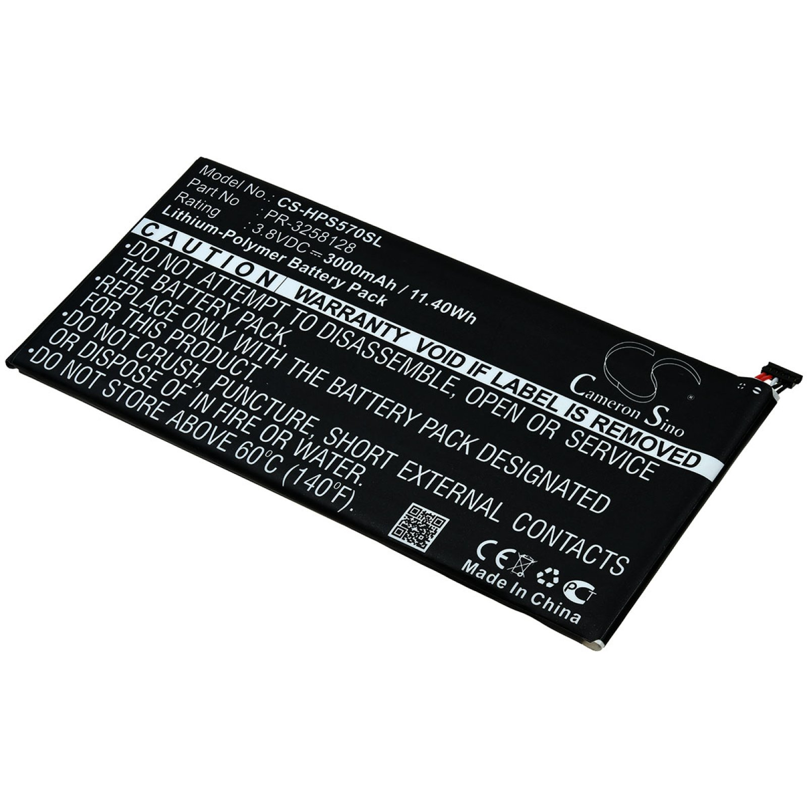 Batería rectangular negra con una etiqueta que muestra especificaciones y advertencias. El texto es visible.