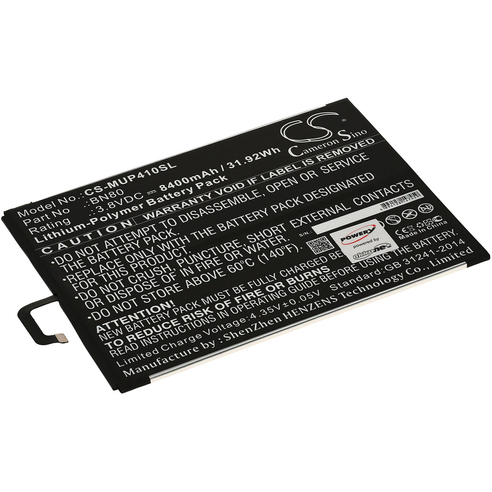 Li-Polymer Xiaomi 3.8 Volt, Akku Typ BN80 Akku, POWERY 8400mAh für