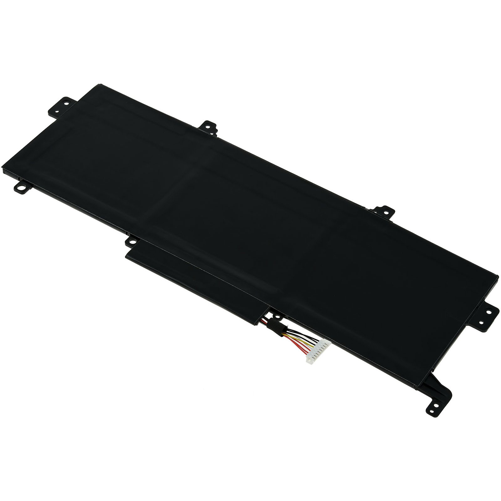 Schwarzer Laptop-Akku mit Stecker und Drähten. Abgewinkelte Ansicht auf weißem Hintergrund.