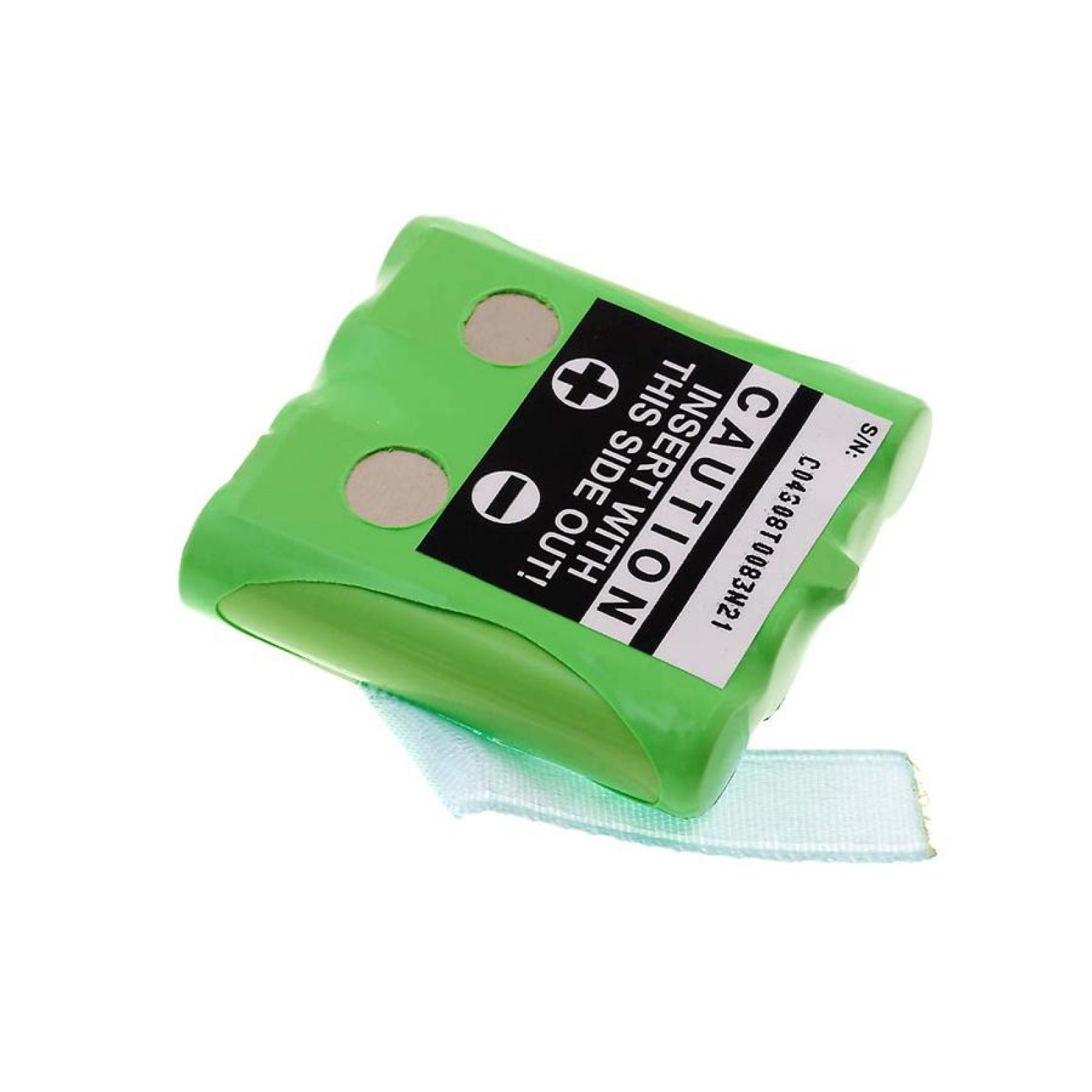 Batería verde con texto blanco, precaución y símbolos de más/menos. Fondo blanco.