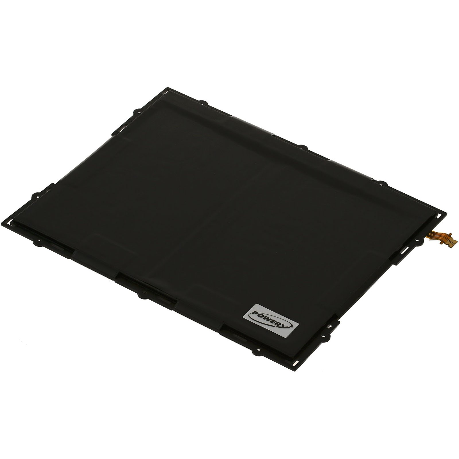 Una batería rectangular negra con esquinas redondeadas, sobre fondo blanco.