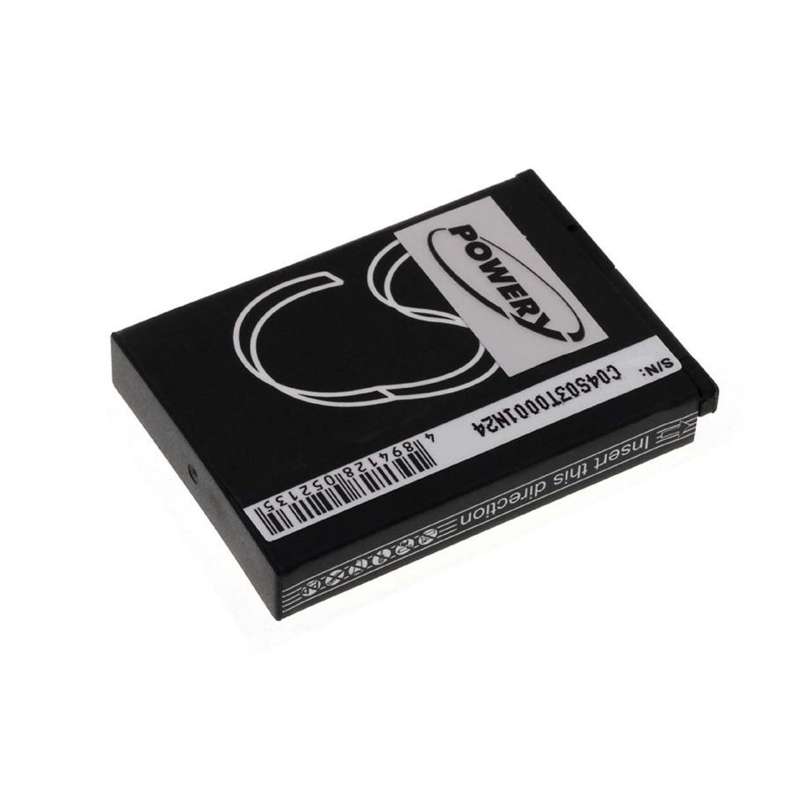Batería de teléfono negra con texto blanco y código de barras.