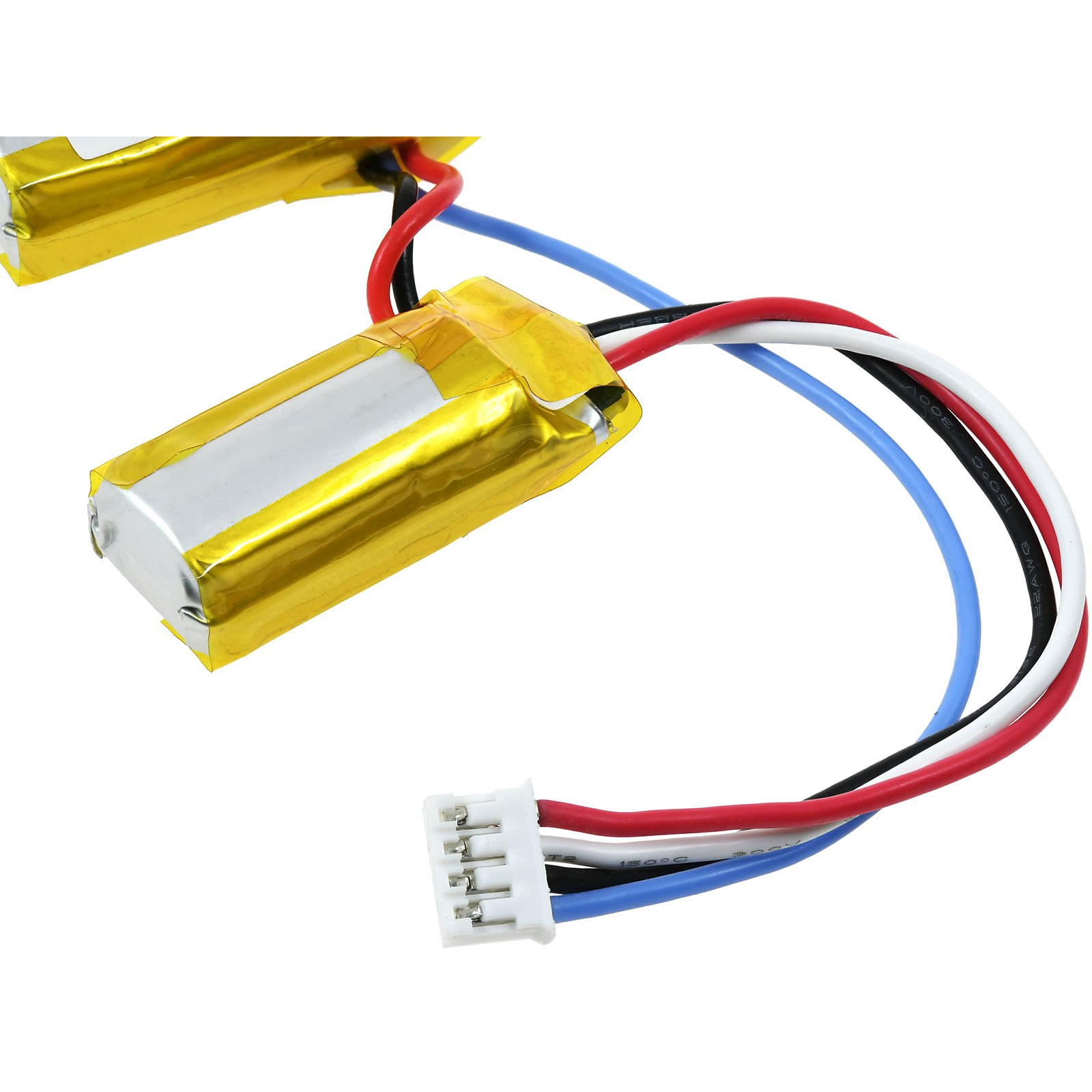 Kleine Batterie mit Drähten. Goldverpackung, weiße, rote, blaue und schwarze Drähte.
