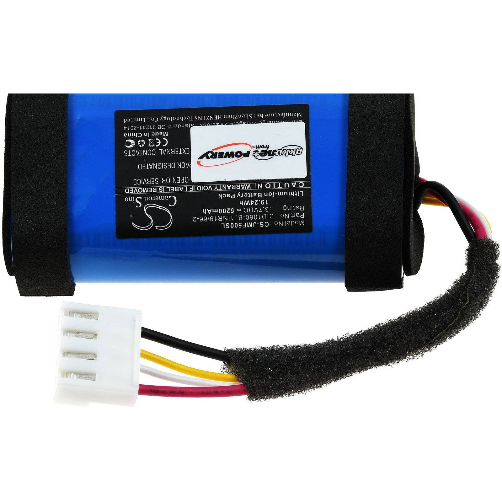 Ein blauer Lithium-Ionen-Akkupack mit schwarzem Schaumstoff, einem weißen Stecker und Drähten. Text auf dem Akku.