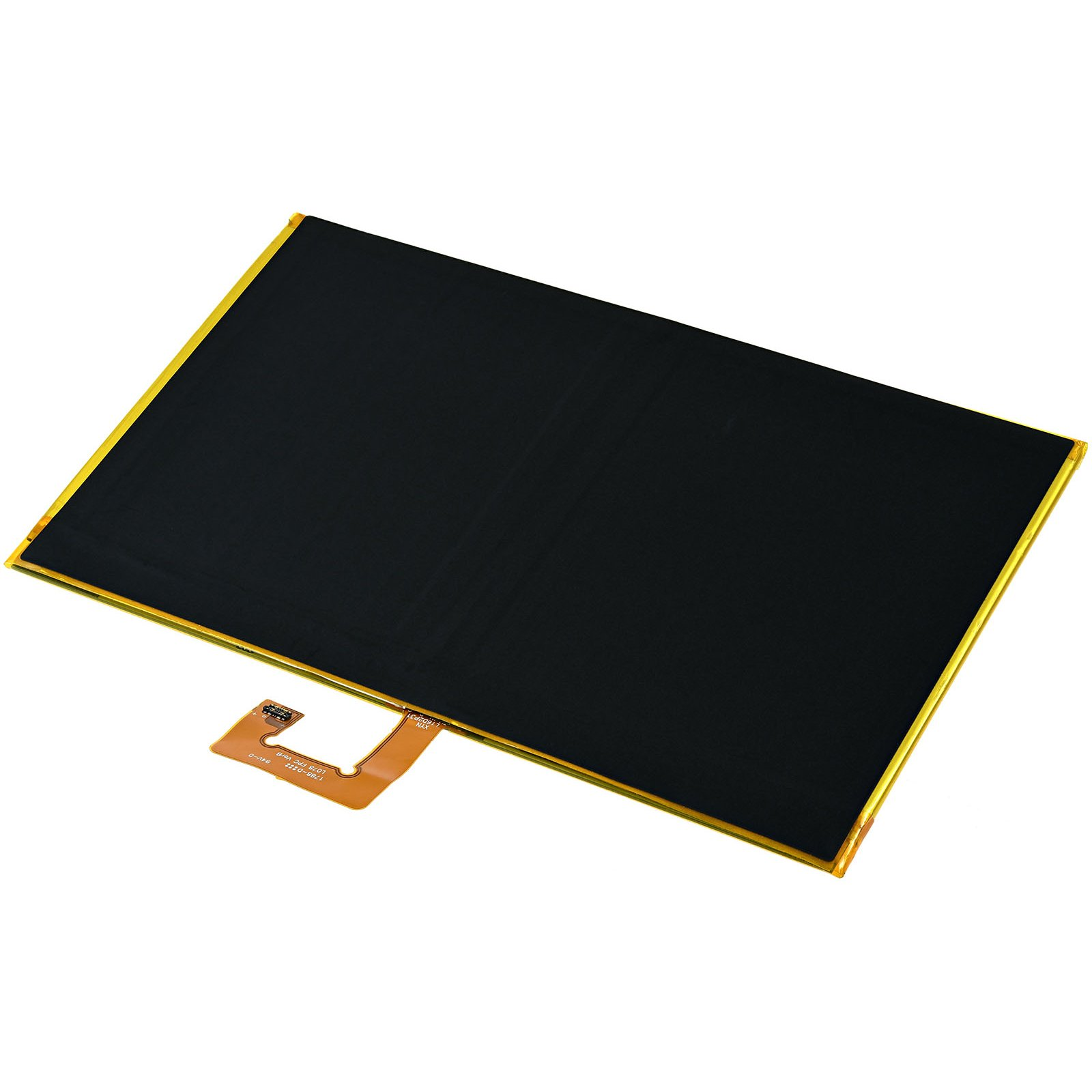 Pantalla negra con borde dorado y una pequeña placa de circuito adjunta.