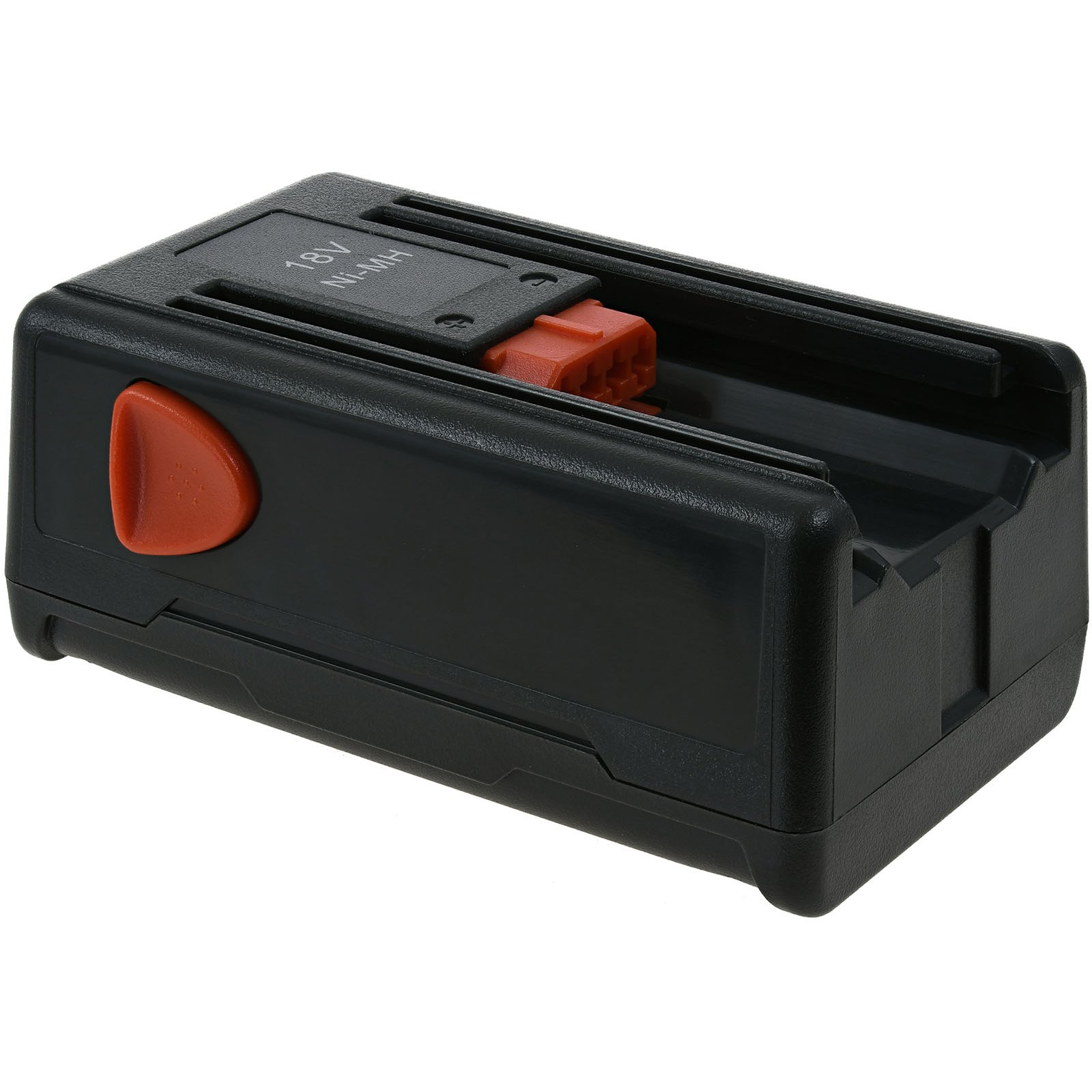 Batería negra con botón y conector naranja.