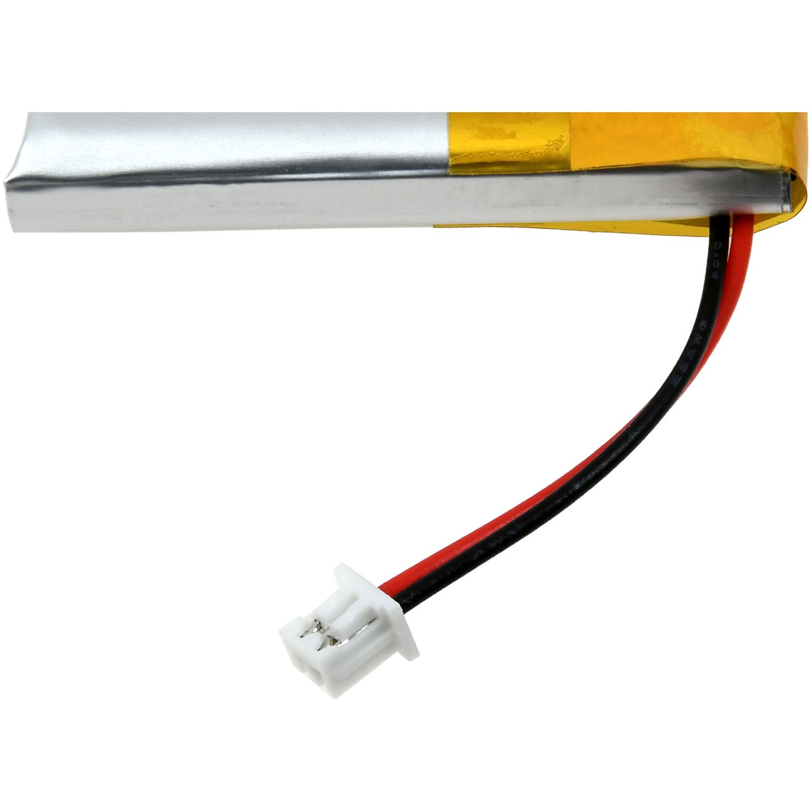 Silberne und gelbe Batterie mit schwarzen und roten Drähten.