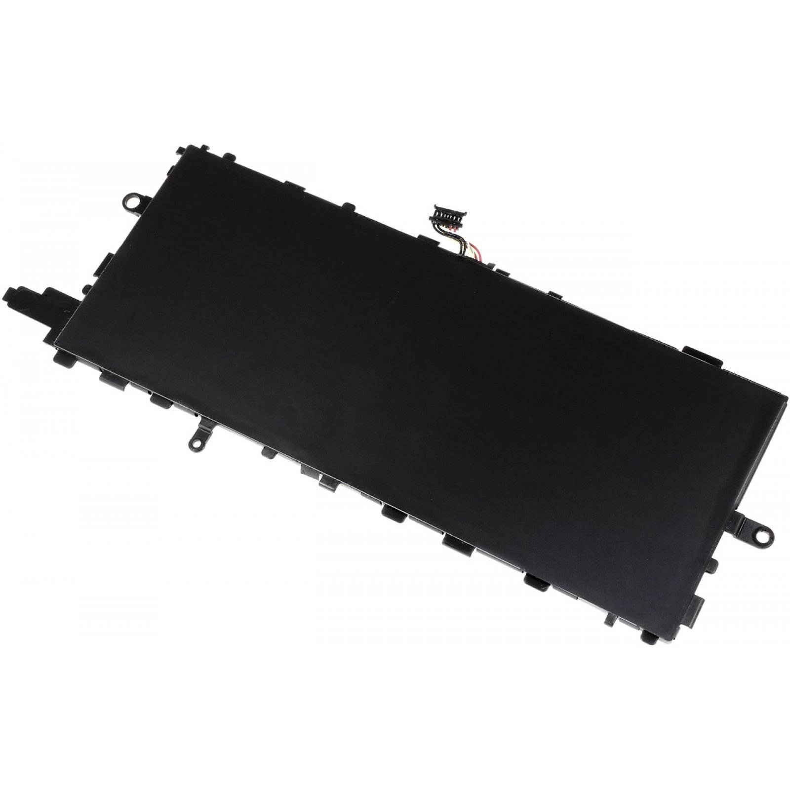 Componente de batería negra con conectores. Tiene pequeños cables adjuntos.