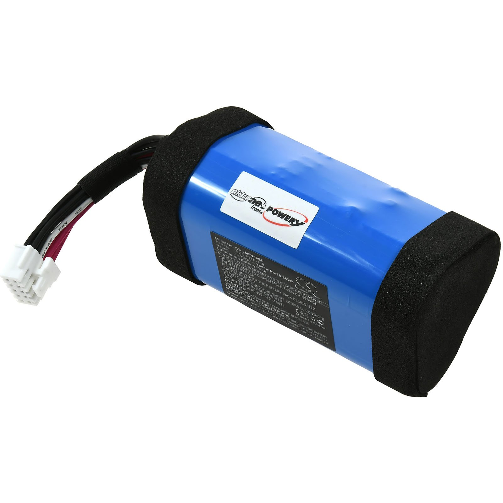 Eine blaue Batterie mit schwarzem Schaumstoffrand und einem Anschluss mit angeschlossenen Drähten.