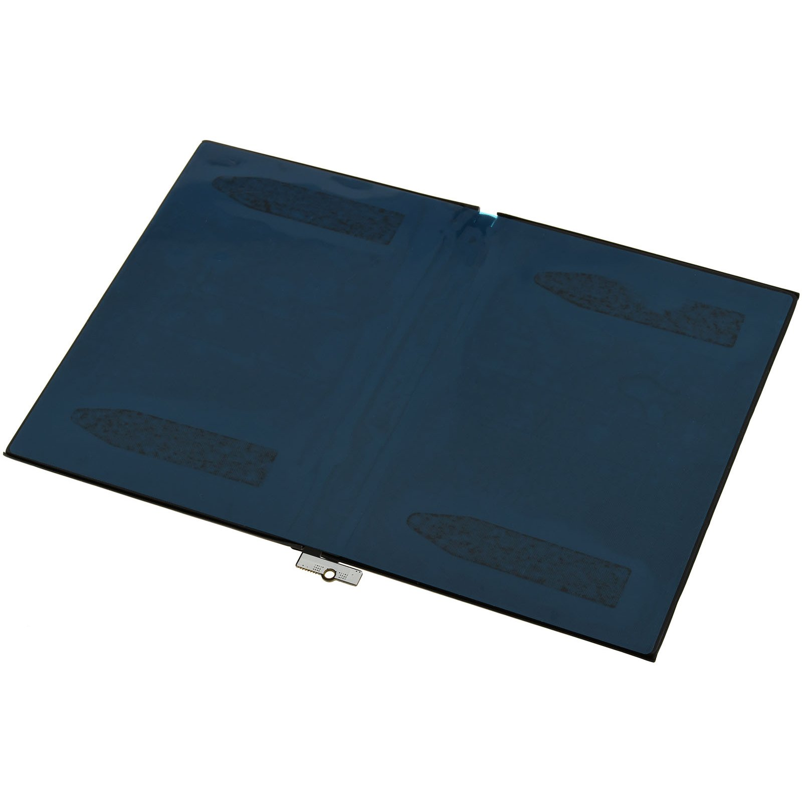 Batería rectangular negra con revestimiento azul. Un conector plateado en la parte inferior izquierda.