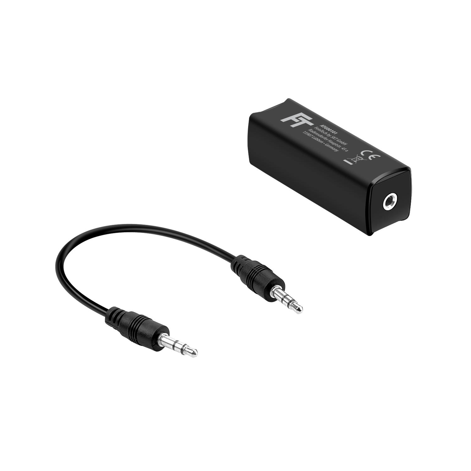 Schwarzer Audioadapter mit zwei 3,5-mm-Klinken, einer für Eingang und einer für Ausgang. Er hat auch ein kurzes Kabel.