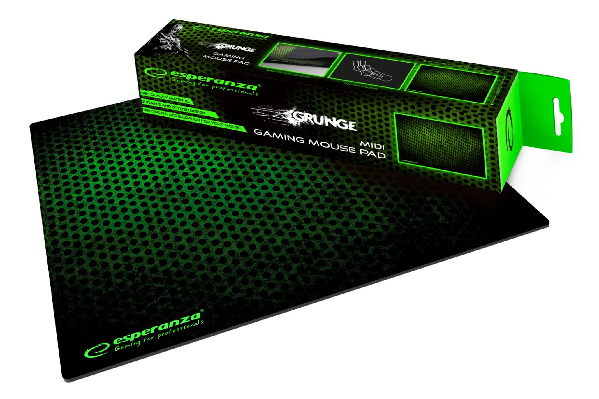 Ein Gaming-Mauspad mit grünem Design, mit einer Box rechts.
