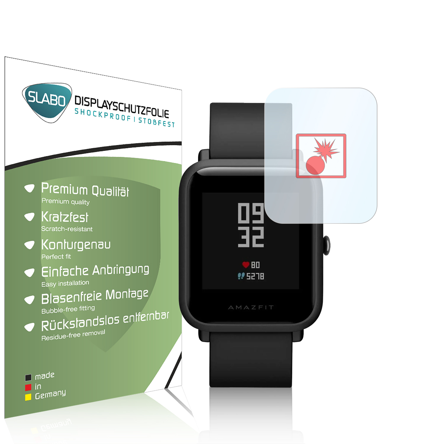 Eine schwarze Smartwatch mit Displayschutz. Der Bildschirm zeigt Daten und ein rotes Explosionssymbol.