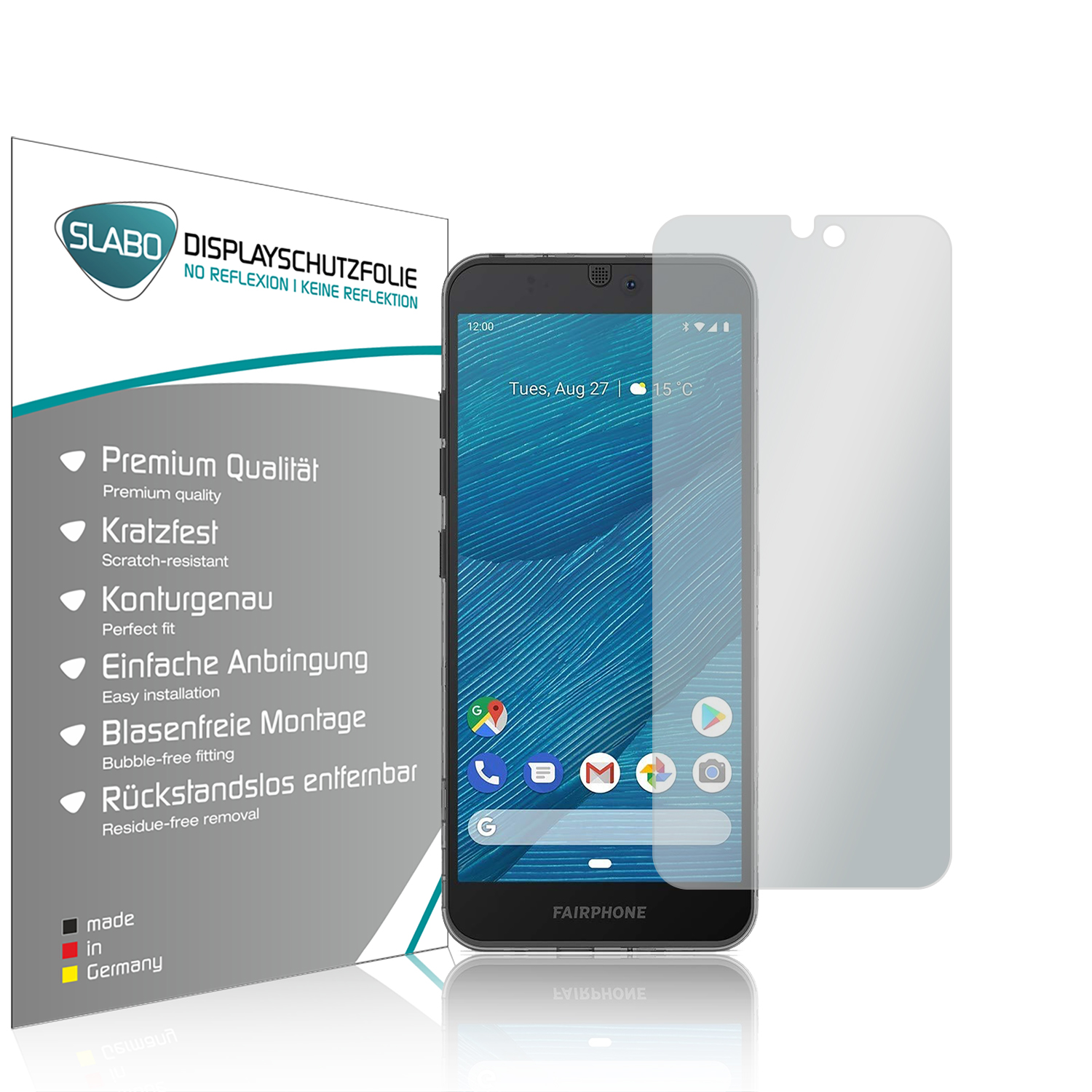Smartphone und Displayschutzfolie. Die Folie ist auf dem Telefon. Verpackung links mit Text.