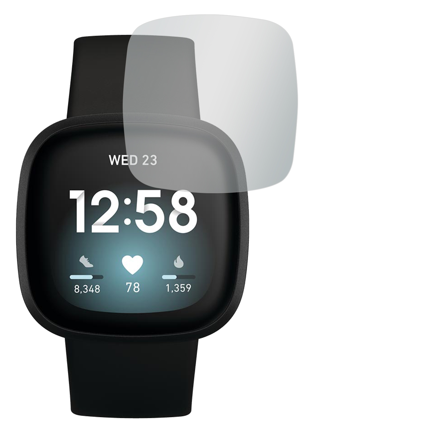 Eine schwarze Smartwatch mit Displayschutzfolie auf weißem Grund. Die Zeit wird angezeigt.