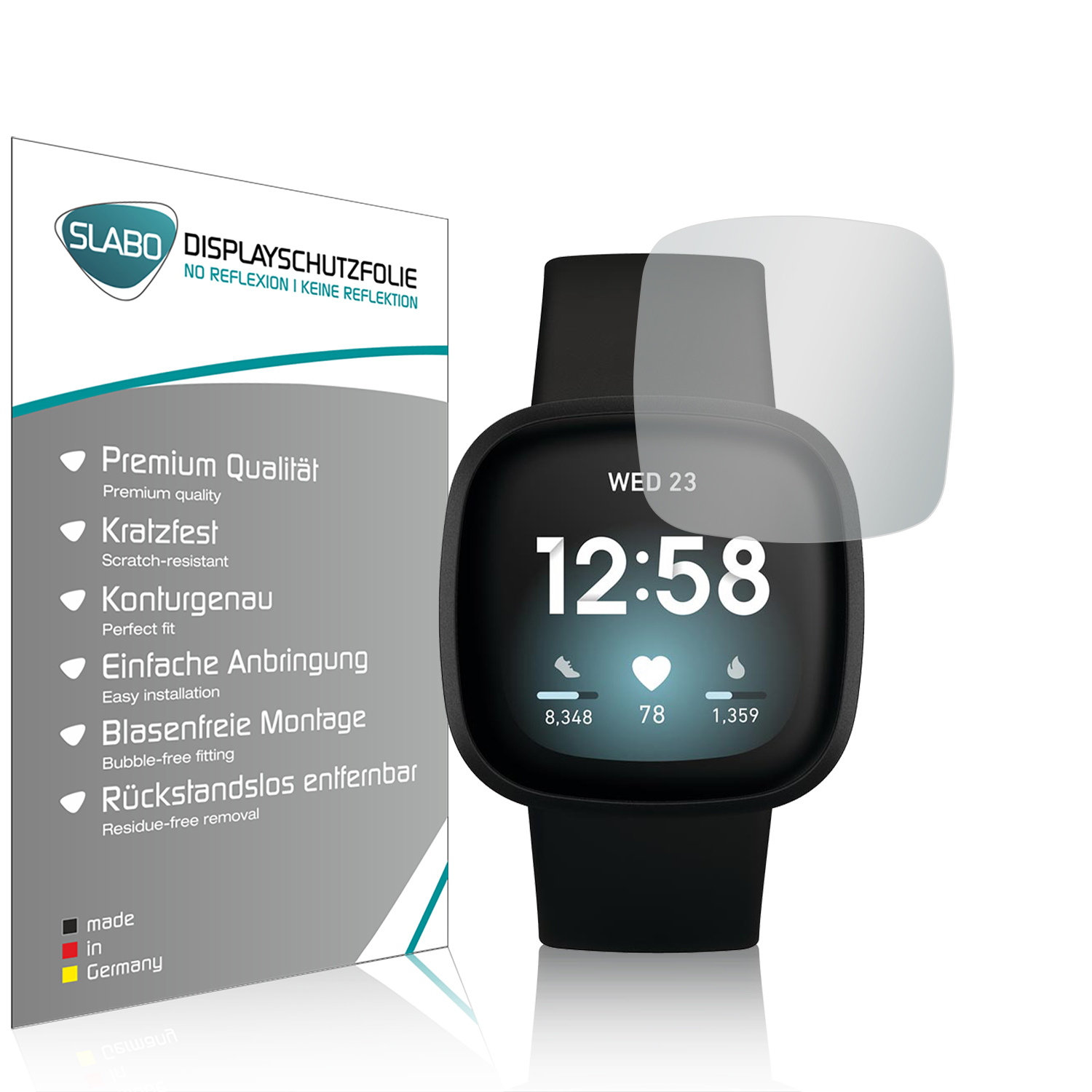 Eine Smartwatch mit Displayschutzfolie und Verpackung, zeigt Uhrzeit und Statistiken.